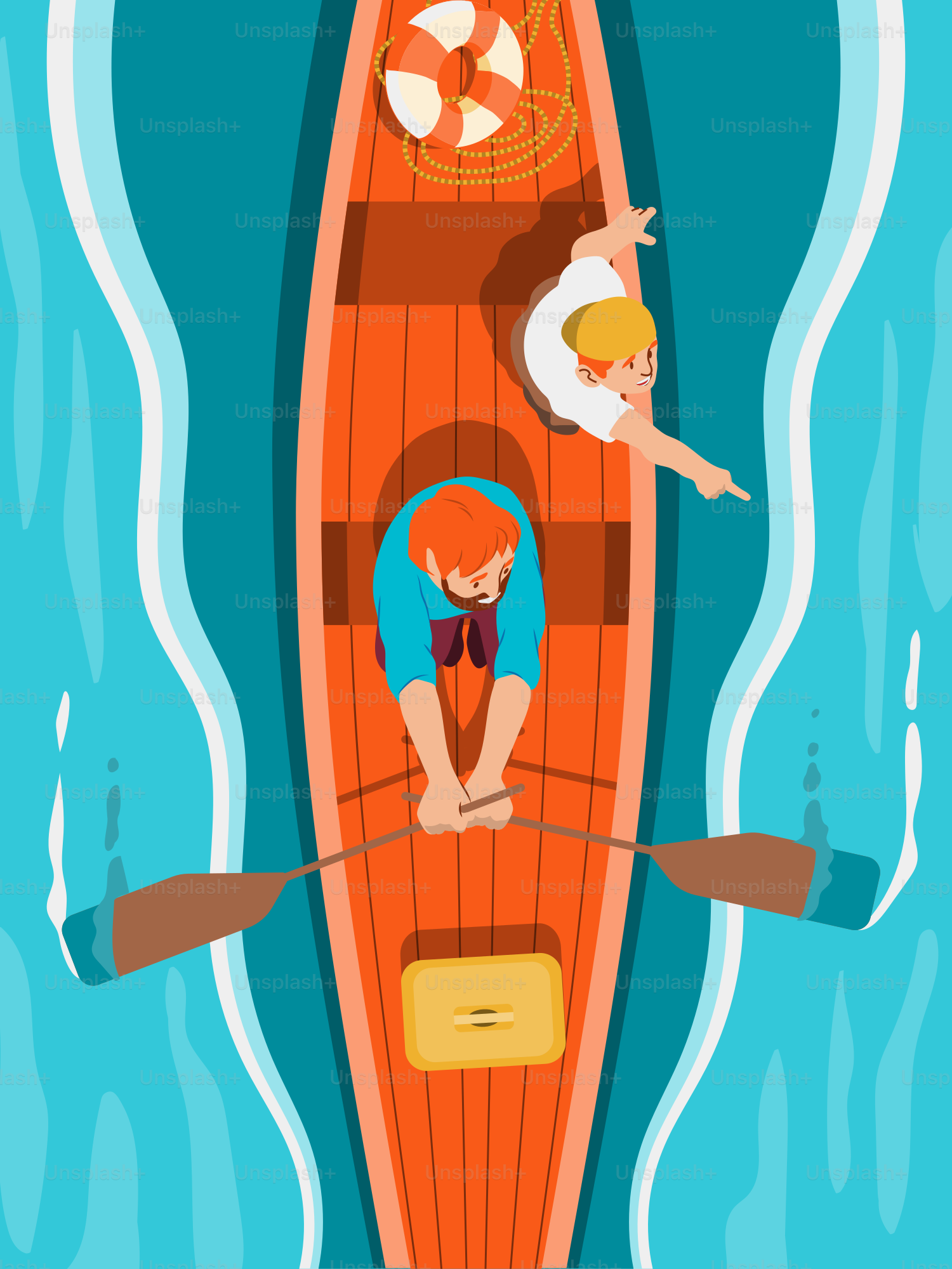 Zwei Personen rudern mit einem Boot auf dem Wasser.