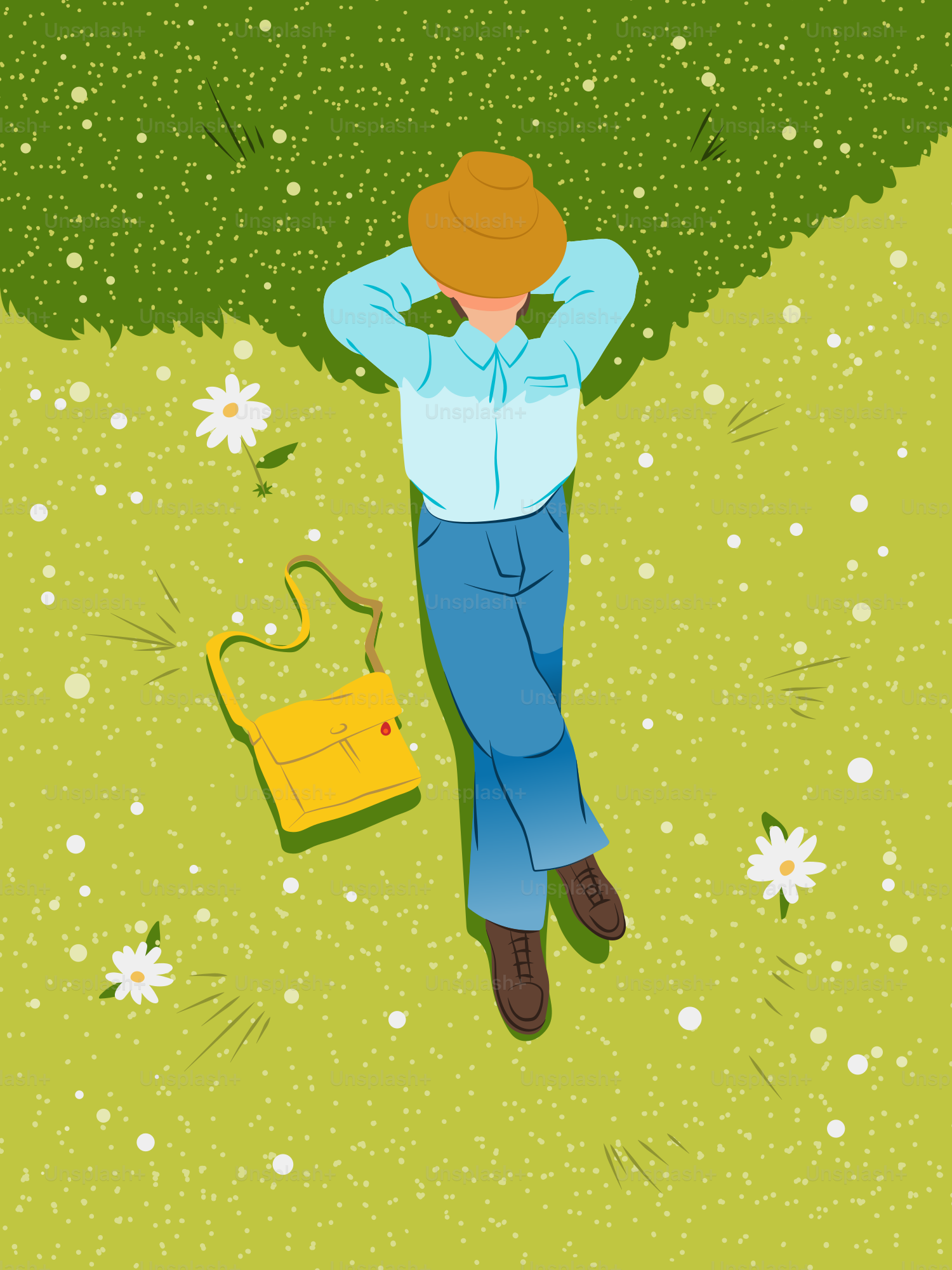 Person relaxing in a grassy field with a bag.