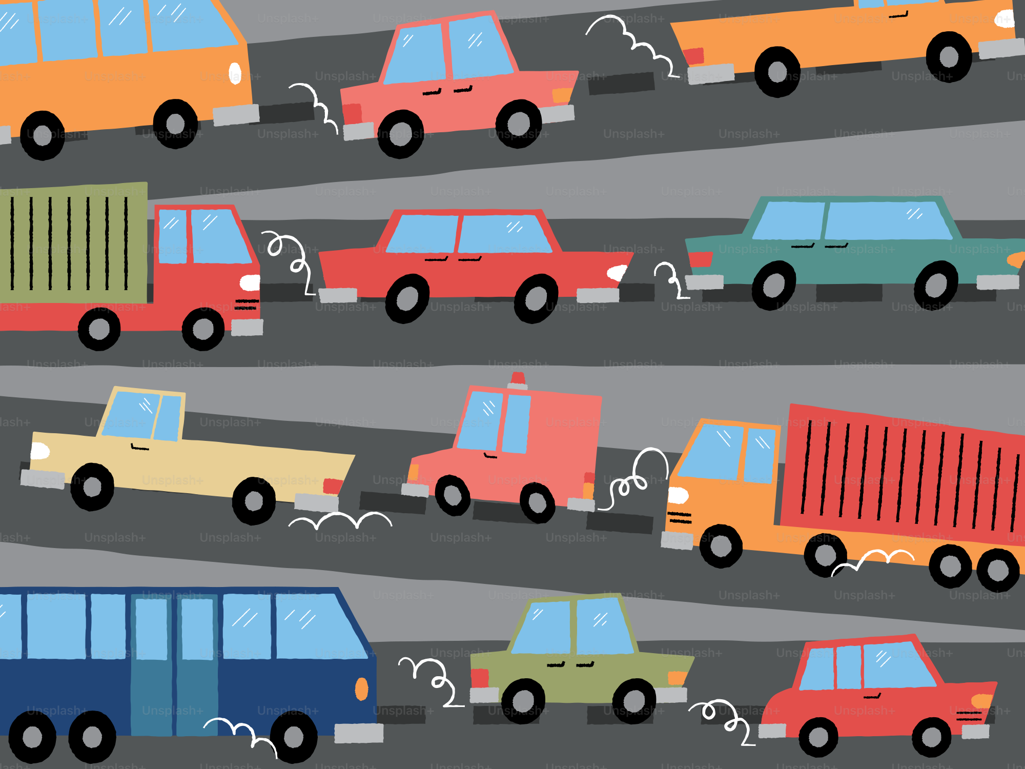 Cars and trucks are stuck in a traffic jam.