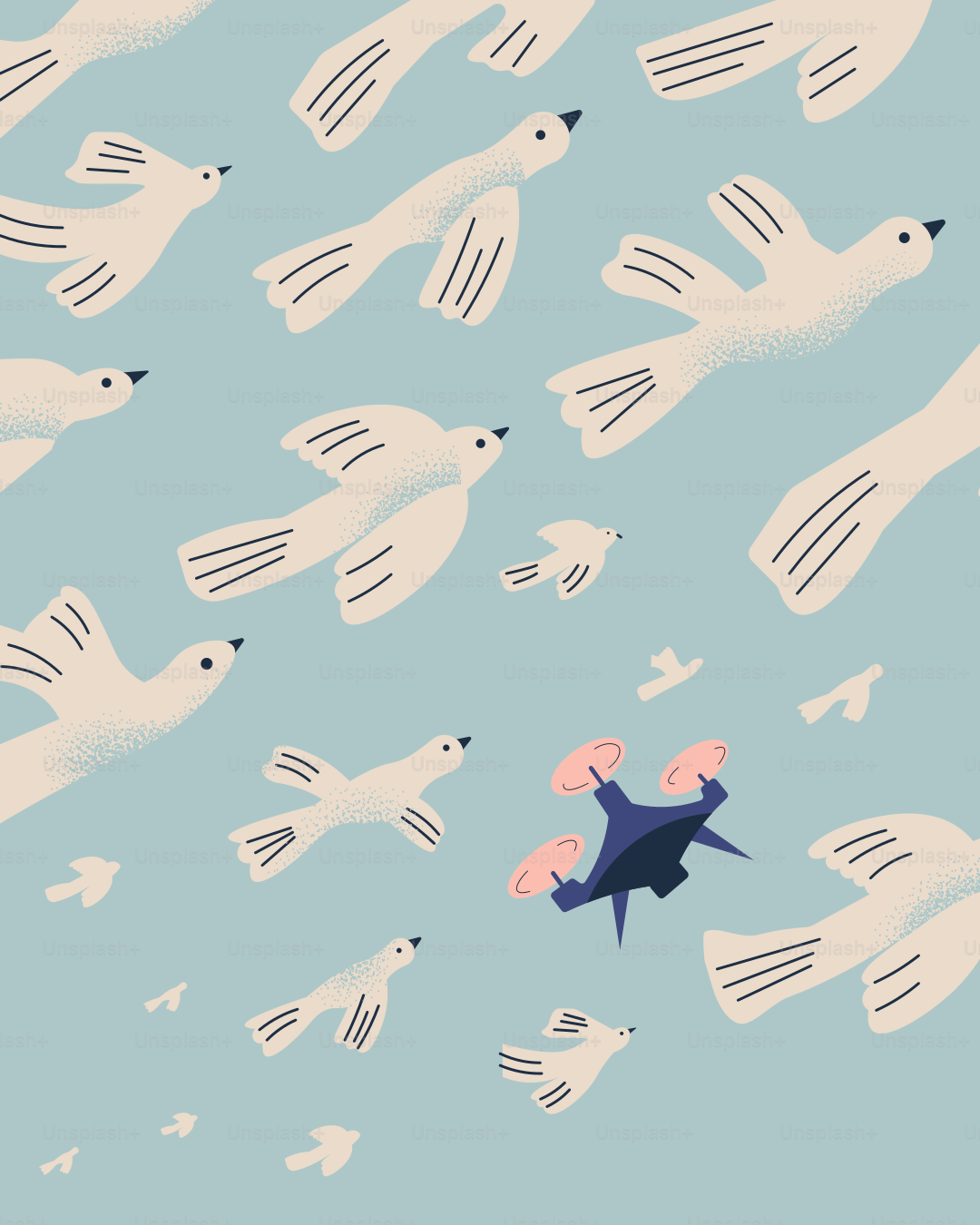 A drone flies through a flock of birds.