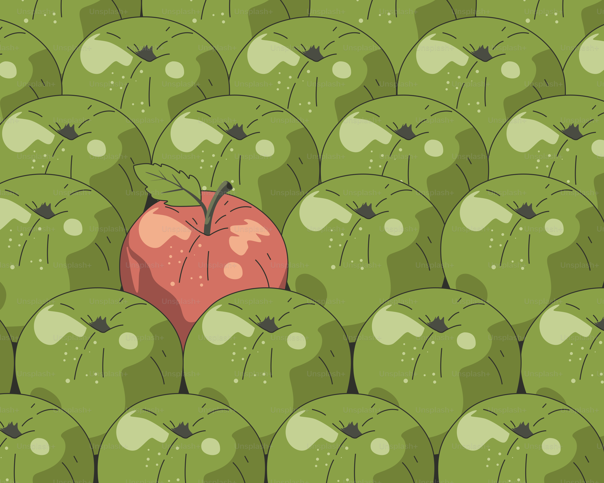 A red apple stands out among green apples.