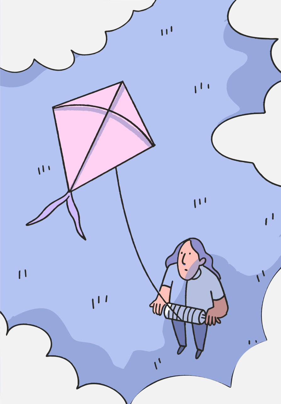 A person is flying a pink kite.