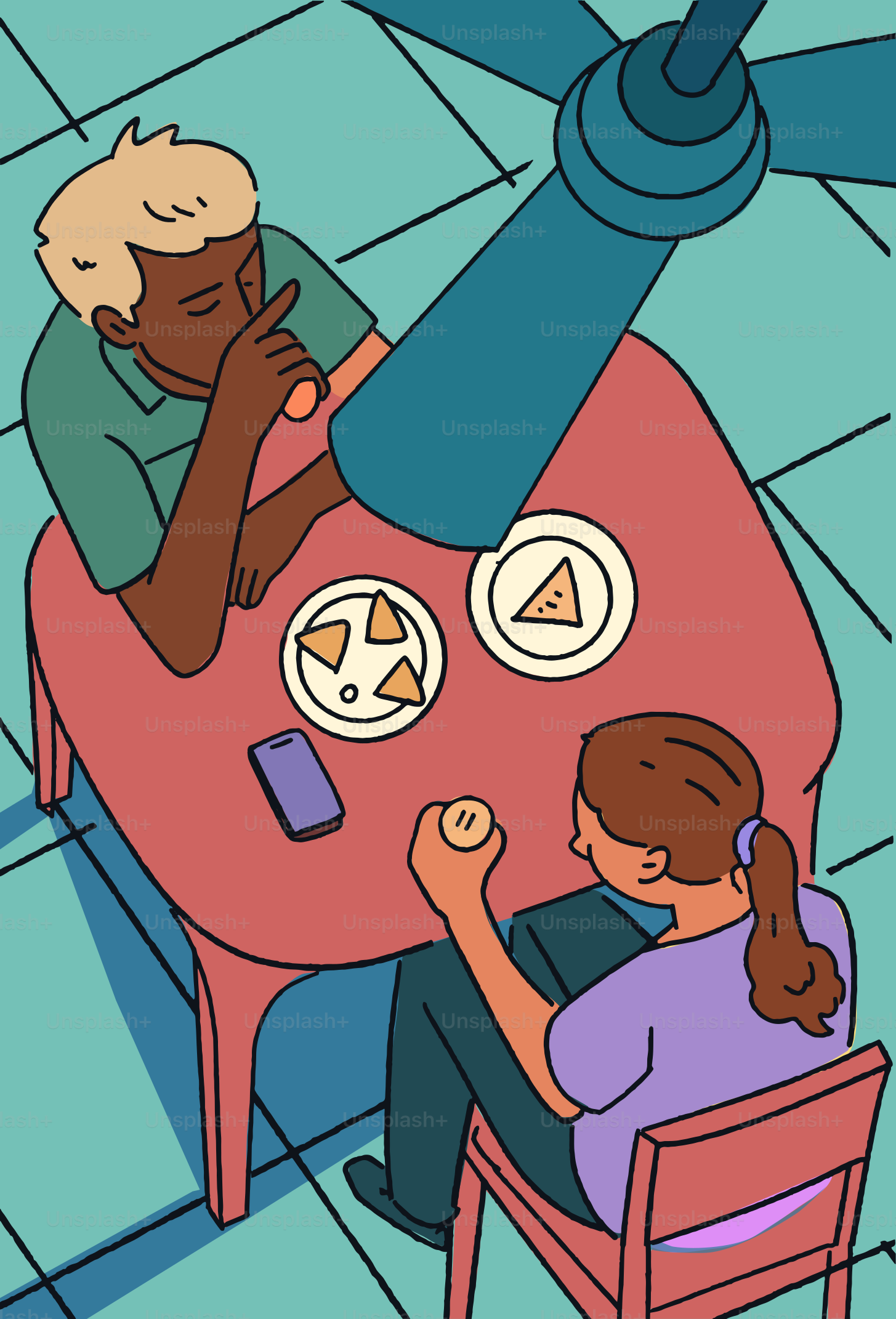 Two people enjoy snacks and conversation together.