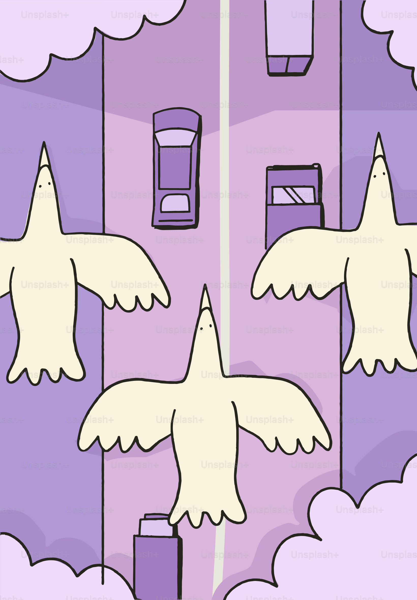 Birds fly above a highway.