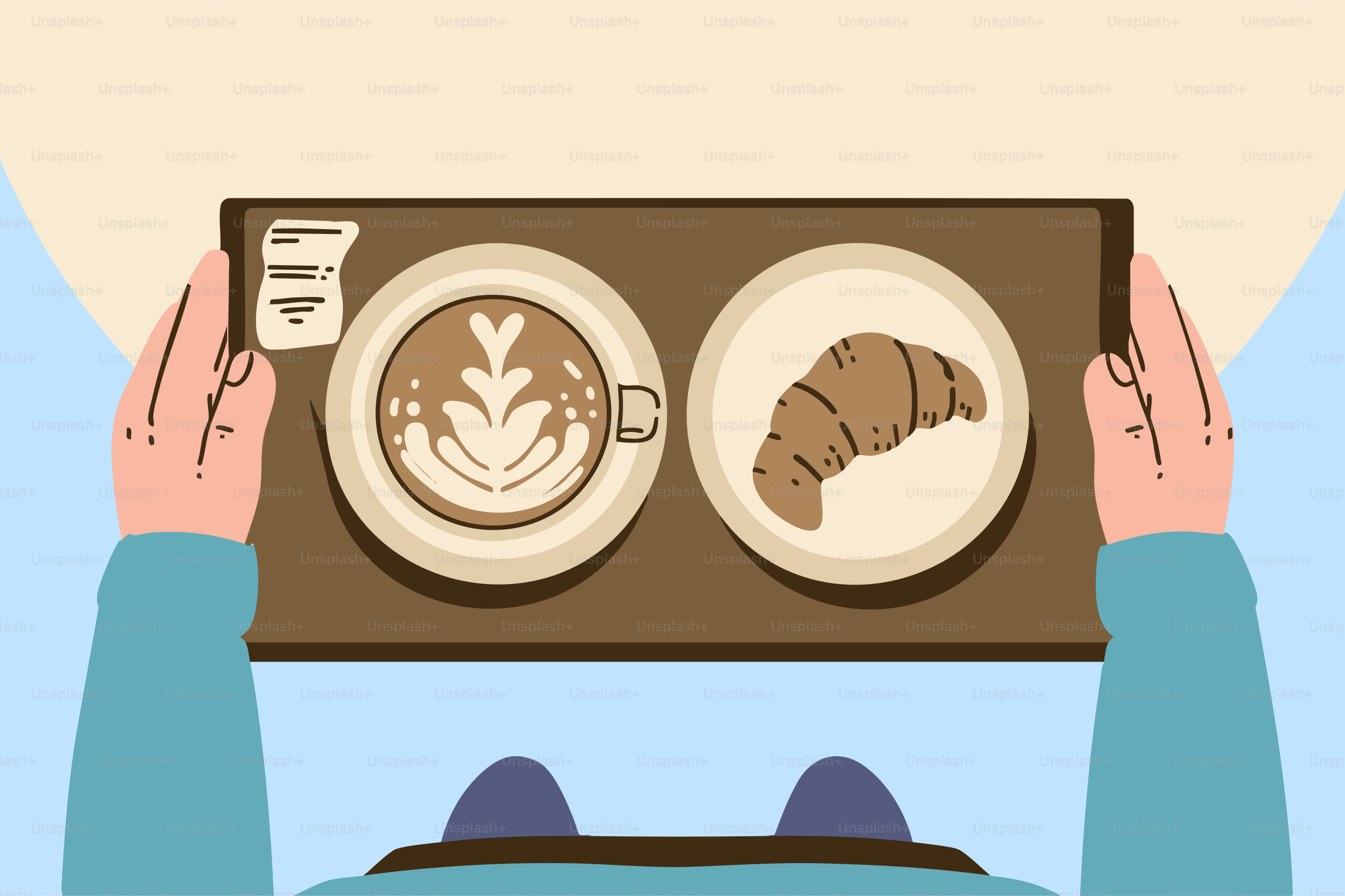 Someone is holding a tray with coffee and croissant.