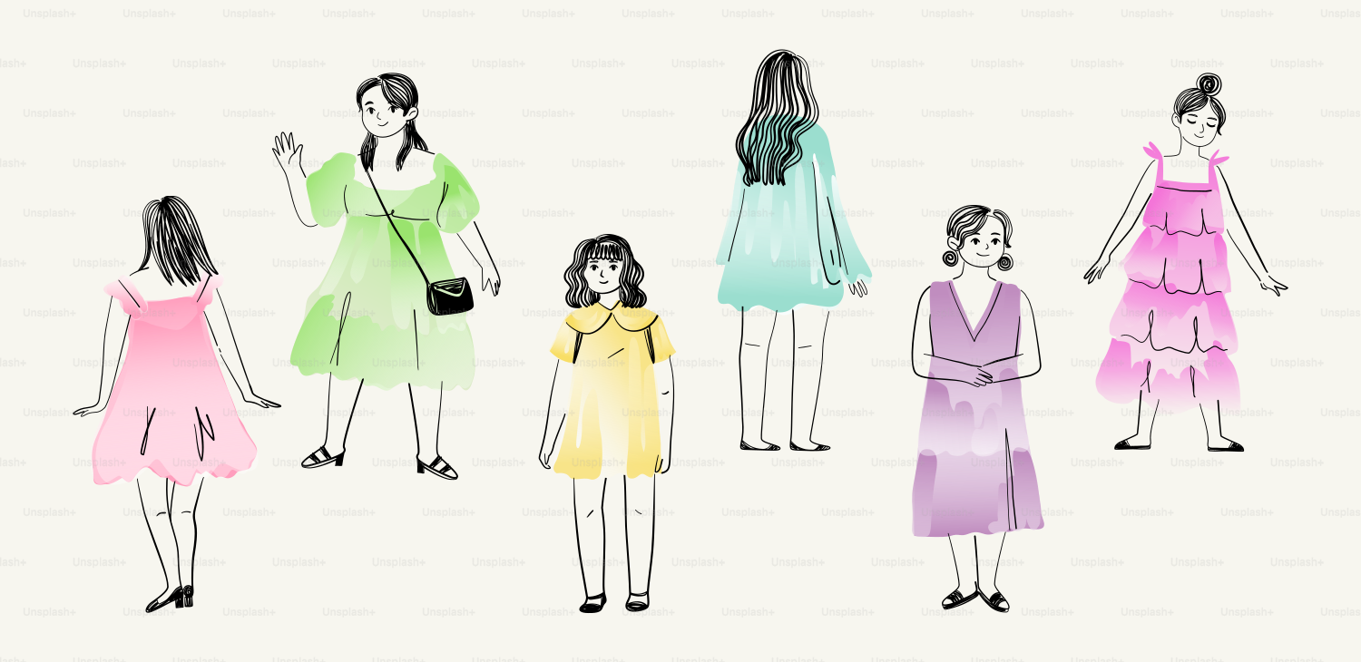 Mujeres con vestidos coloridos.