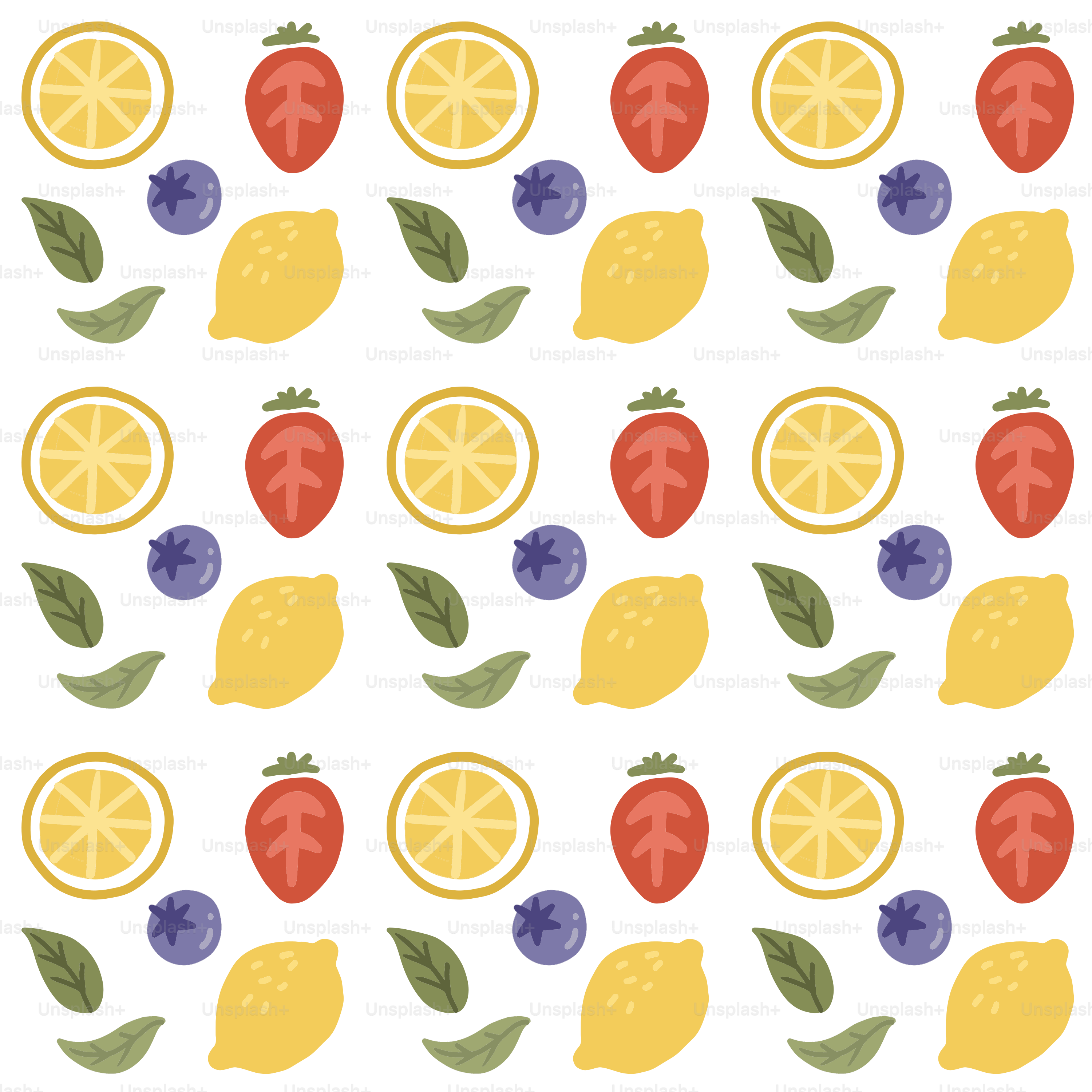 レモン、イチゴ、ブルーベリーを特徴とした果物のパターン。