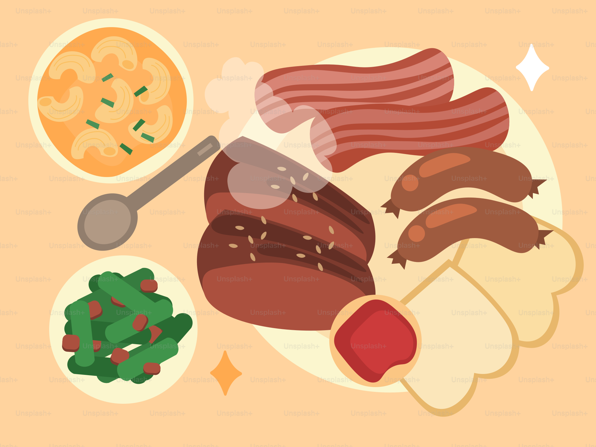 A delicious meal with bacon, meat, and sides.