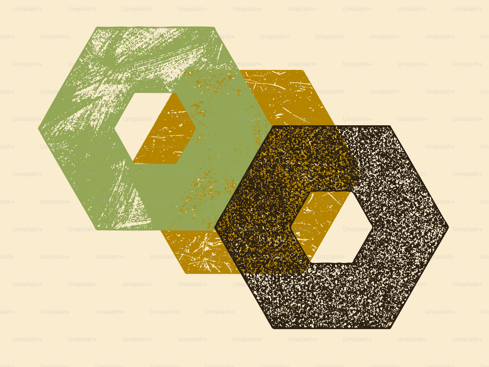 Overlapping hexagonal shapes with textured patterns.