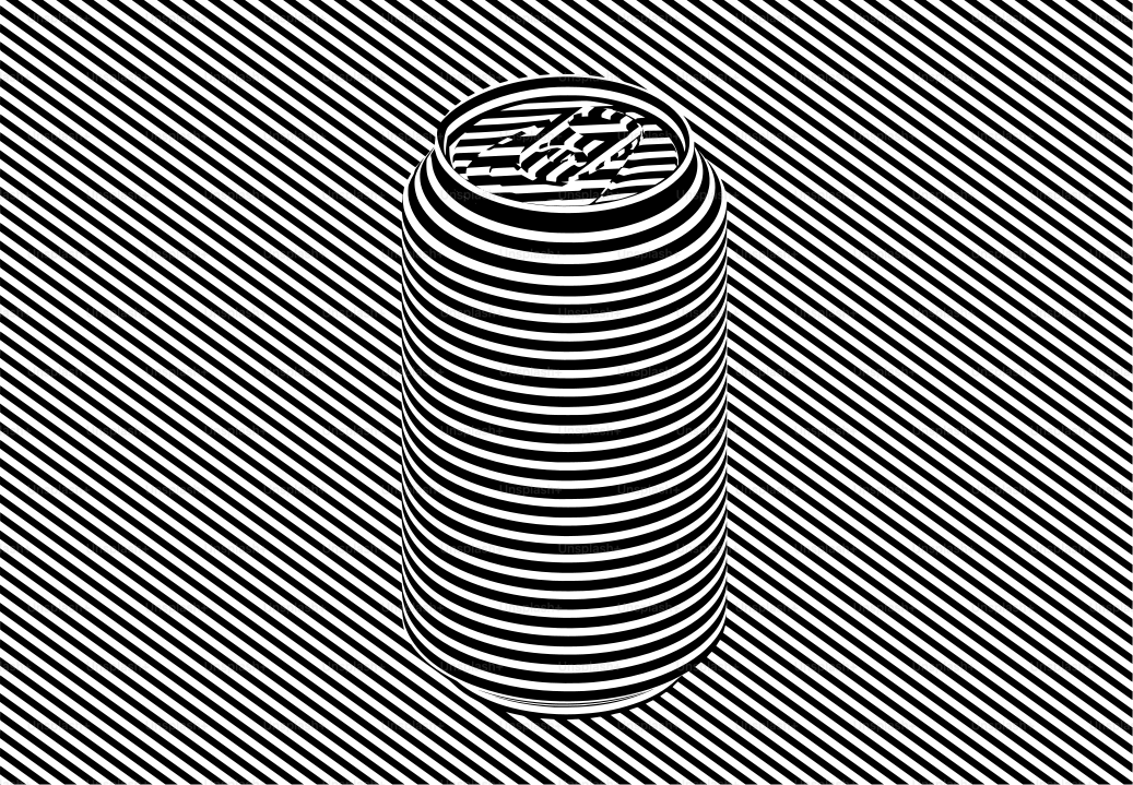 A black and white can against a striped background.