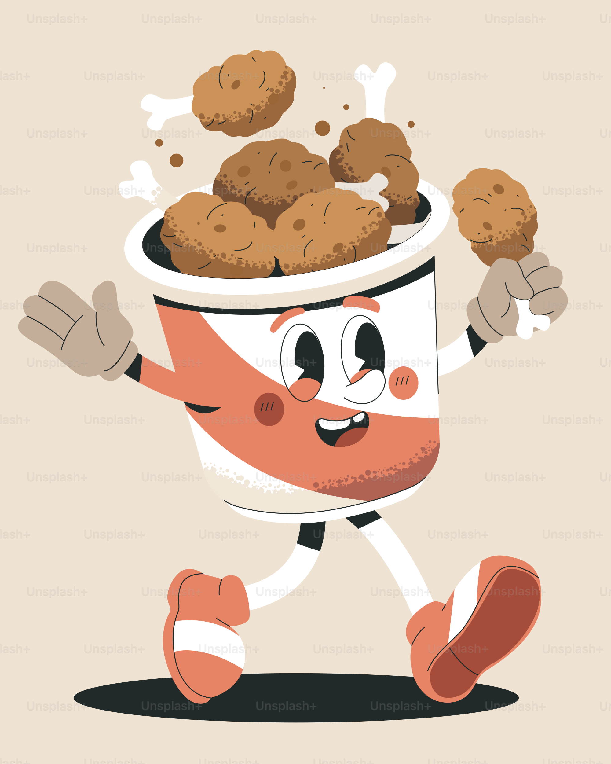 A cartoon bucket of fried chicken is happily running.