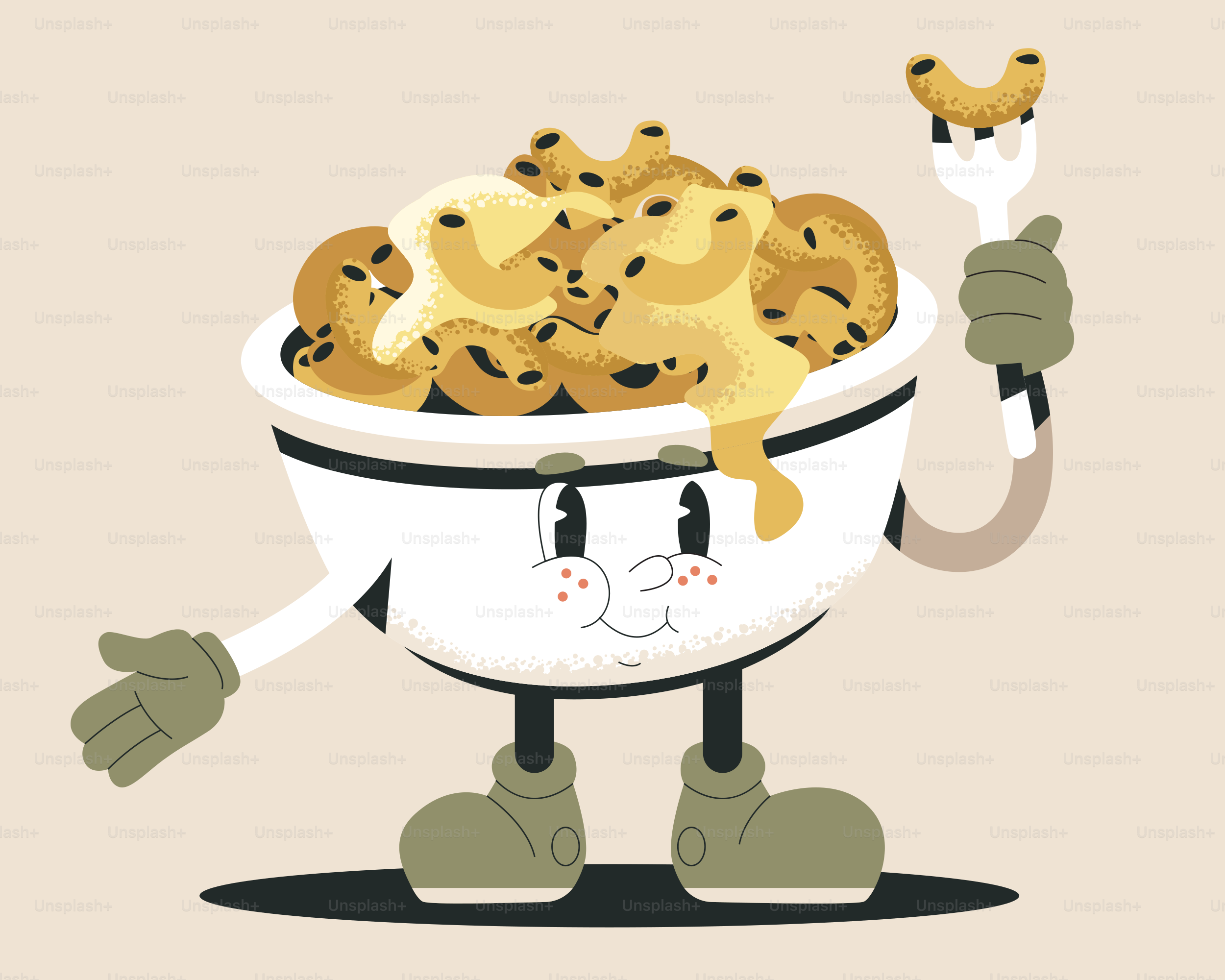 Mac and cheese character holds a fork.