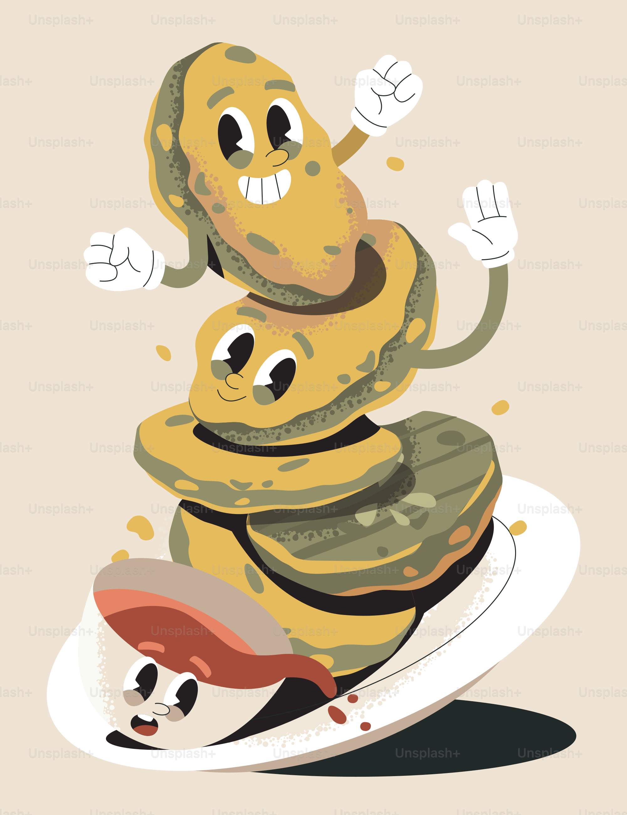 A stack of friendly food characters is joyful.
