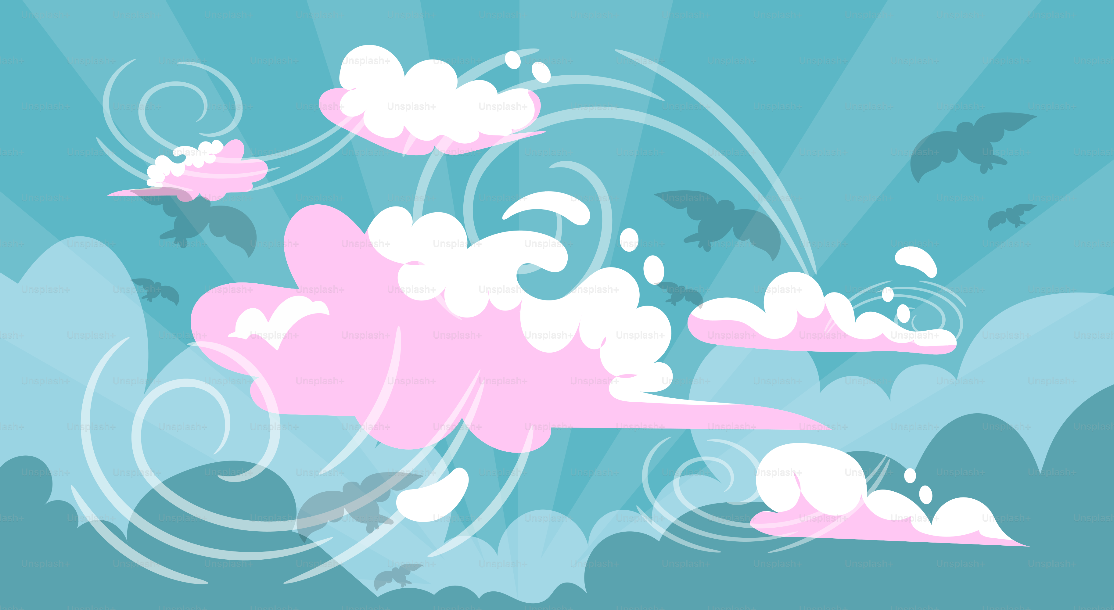 Des nuages roses tourbillonnent dans un ciel venteux.