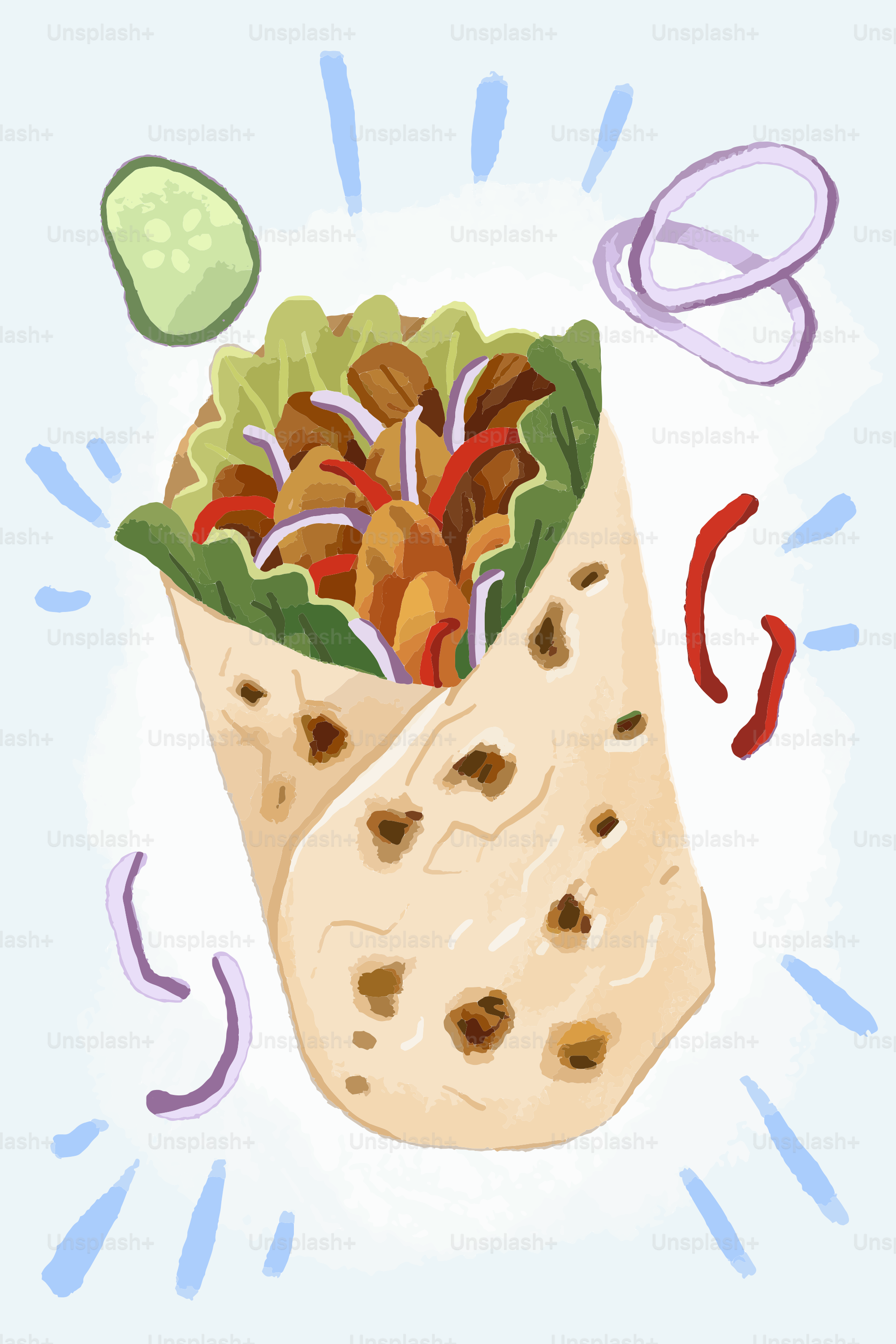 新鮮な材料と調味料が入った美味しいラップです。