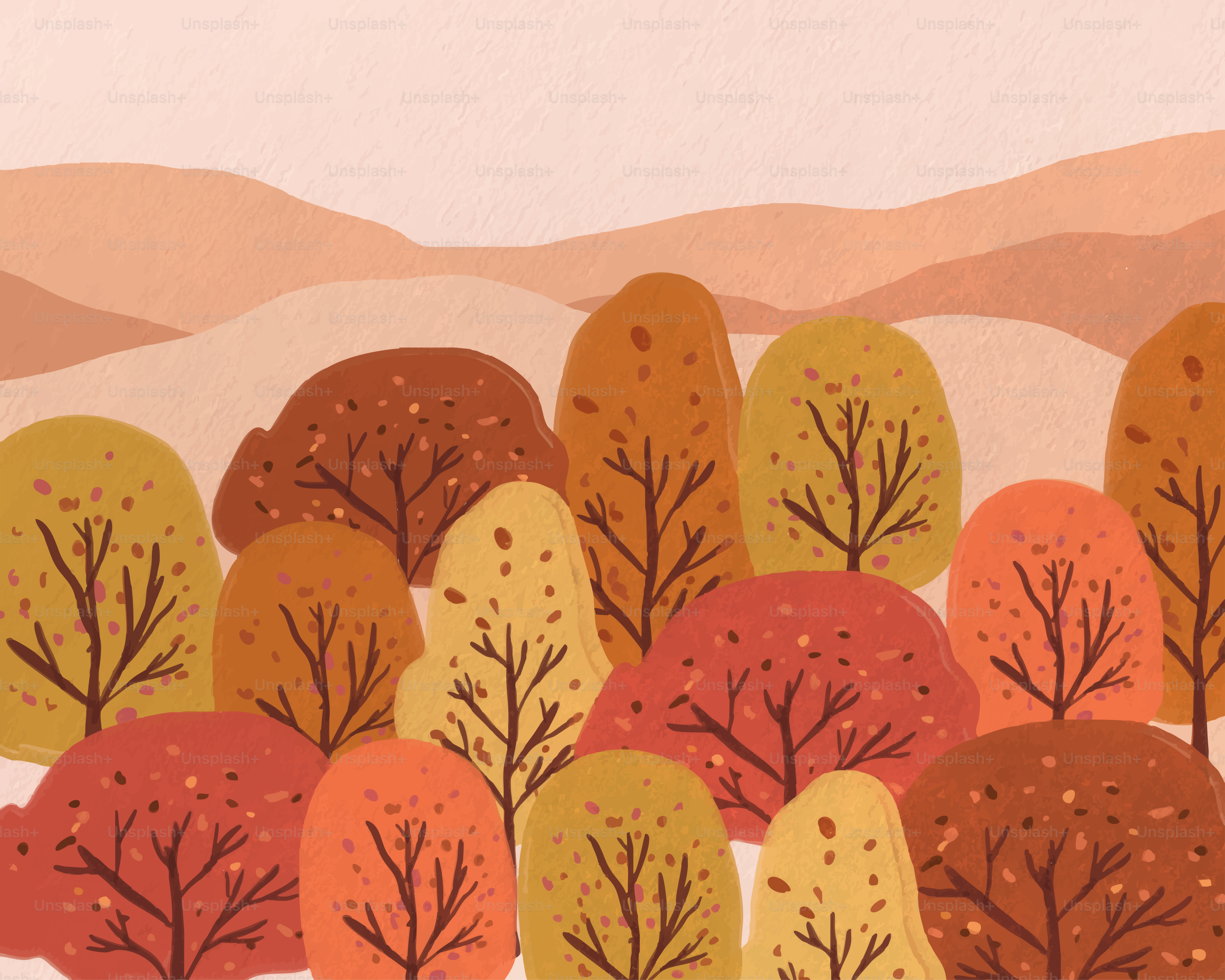 Herbstbäume sind mit sanften Hügeln dargestellt.