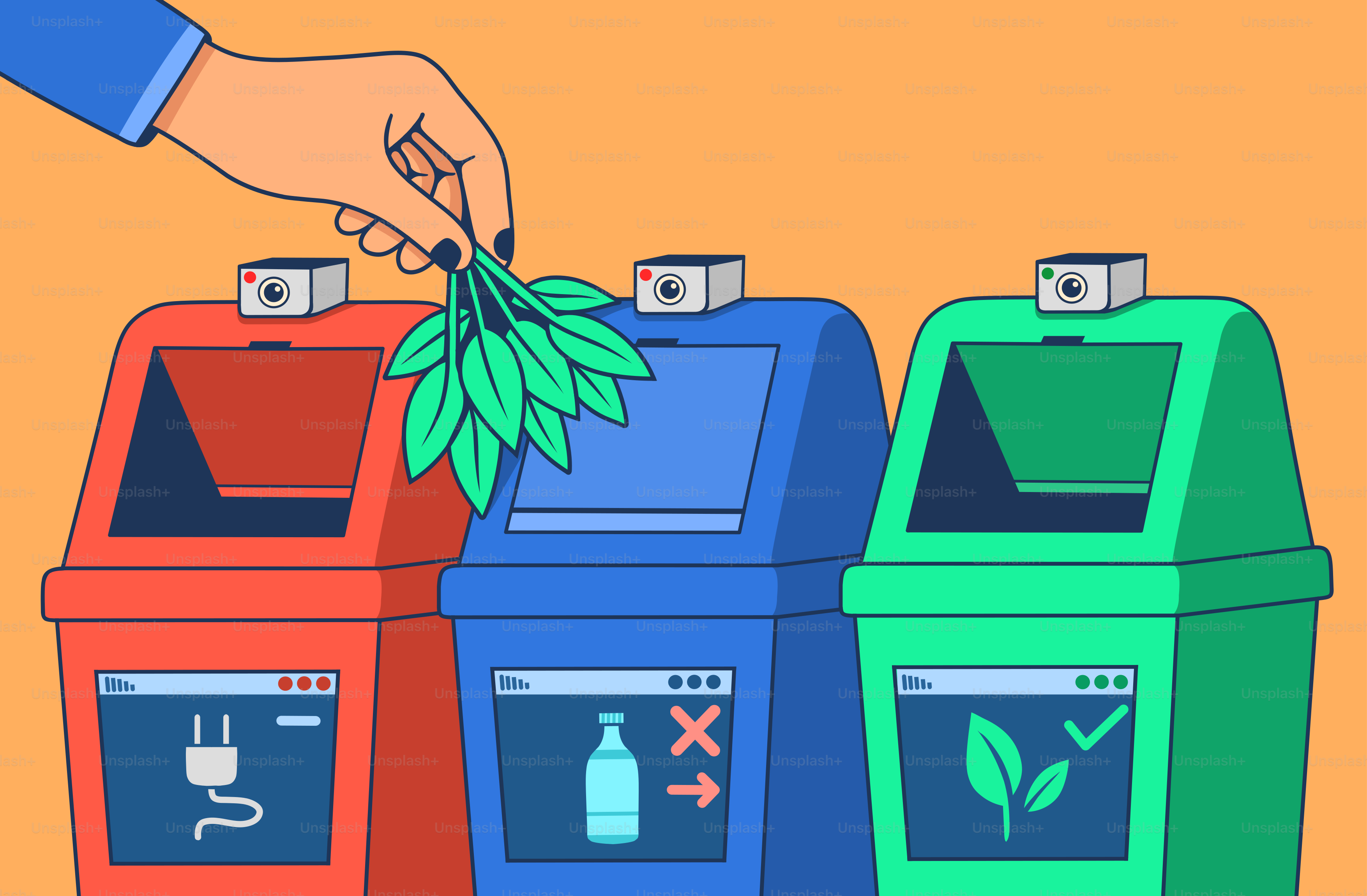 Meletakkan daun dengan tangan ke tempat sampah daur ulang dengan ikon.