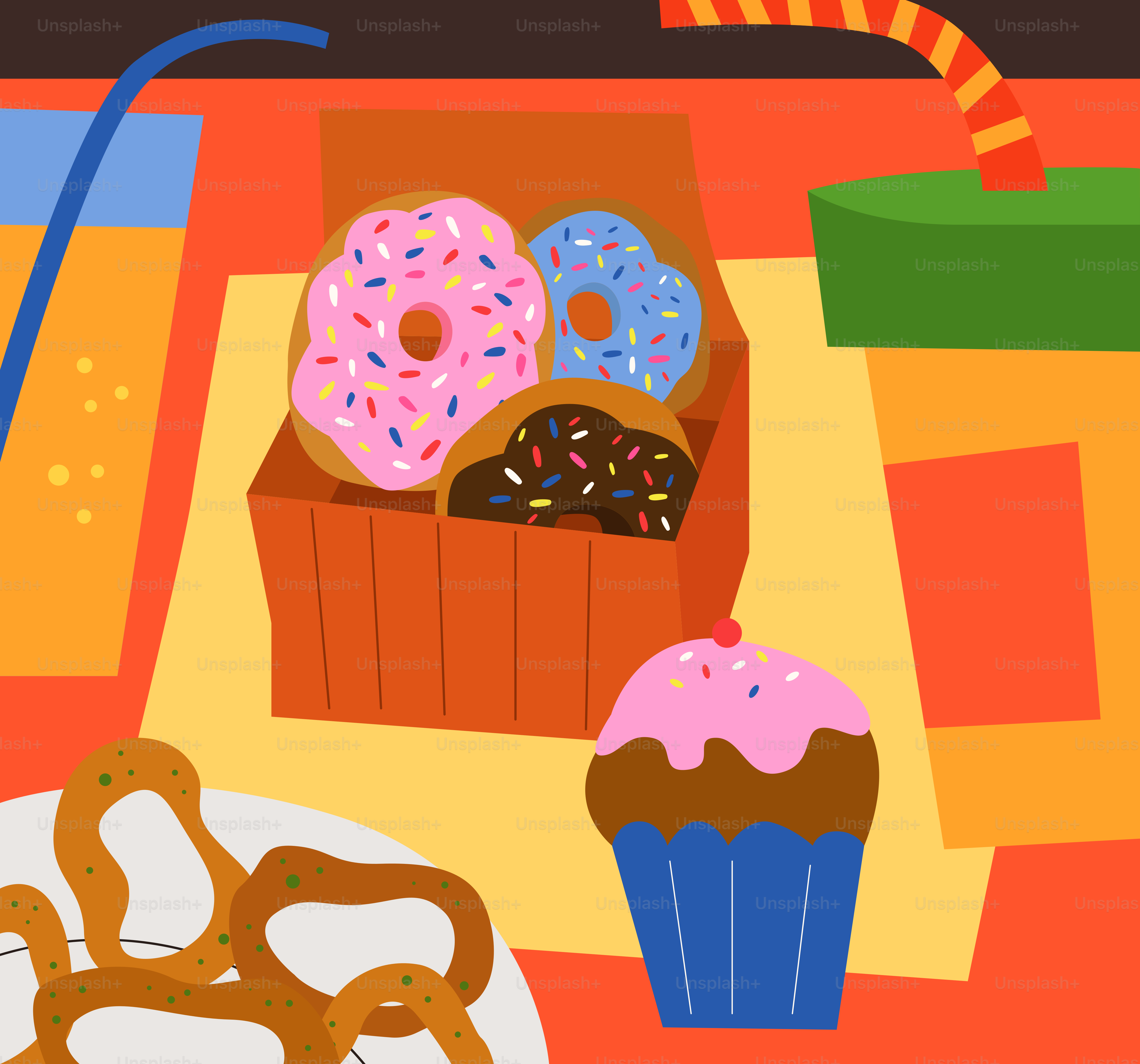 Bunte Donuts und Cupcake auf einem Tisch