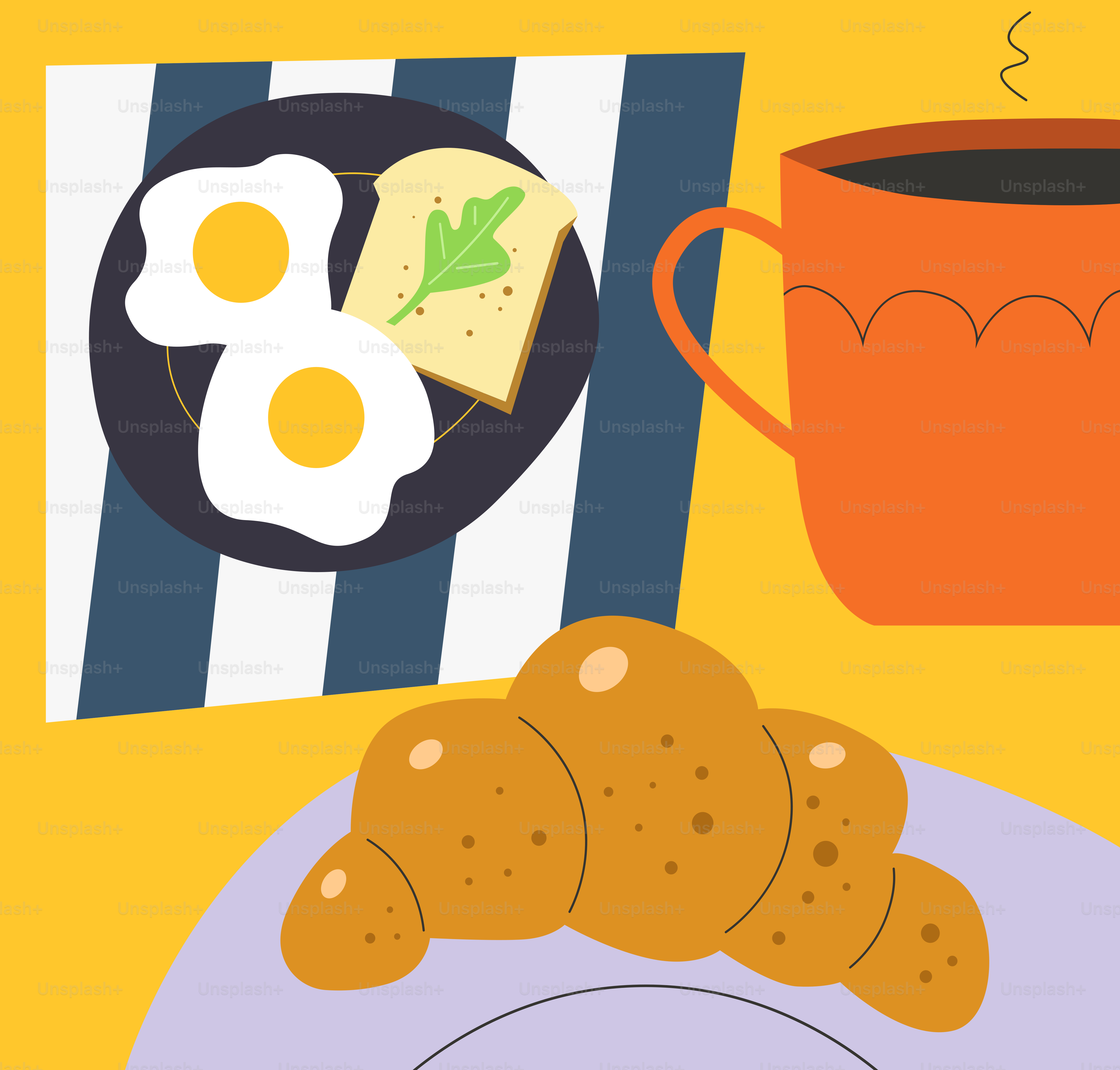 Croissant, fried eggs, toast, and coffee for breakfast.