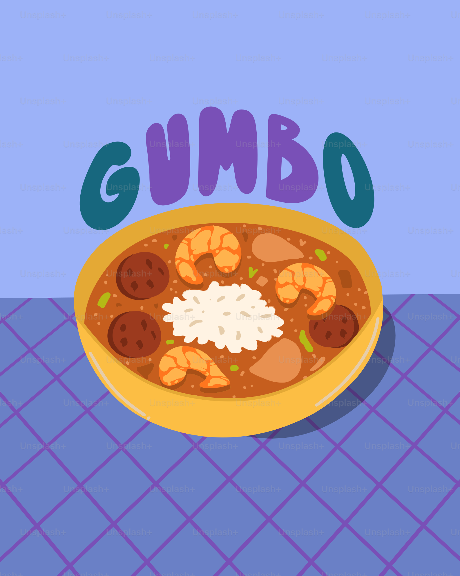 Uma tigela de gumbo com camarão e linguiça.