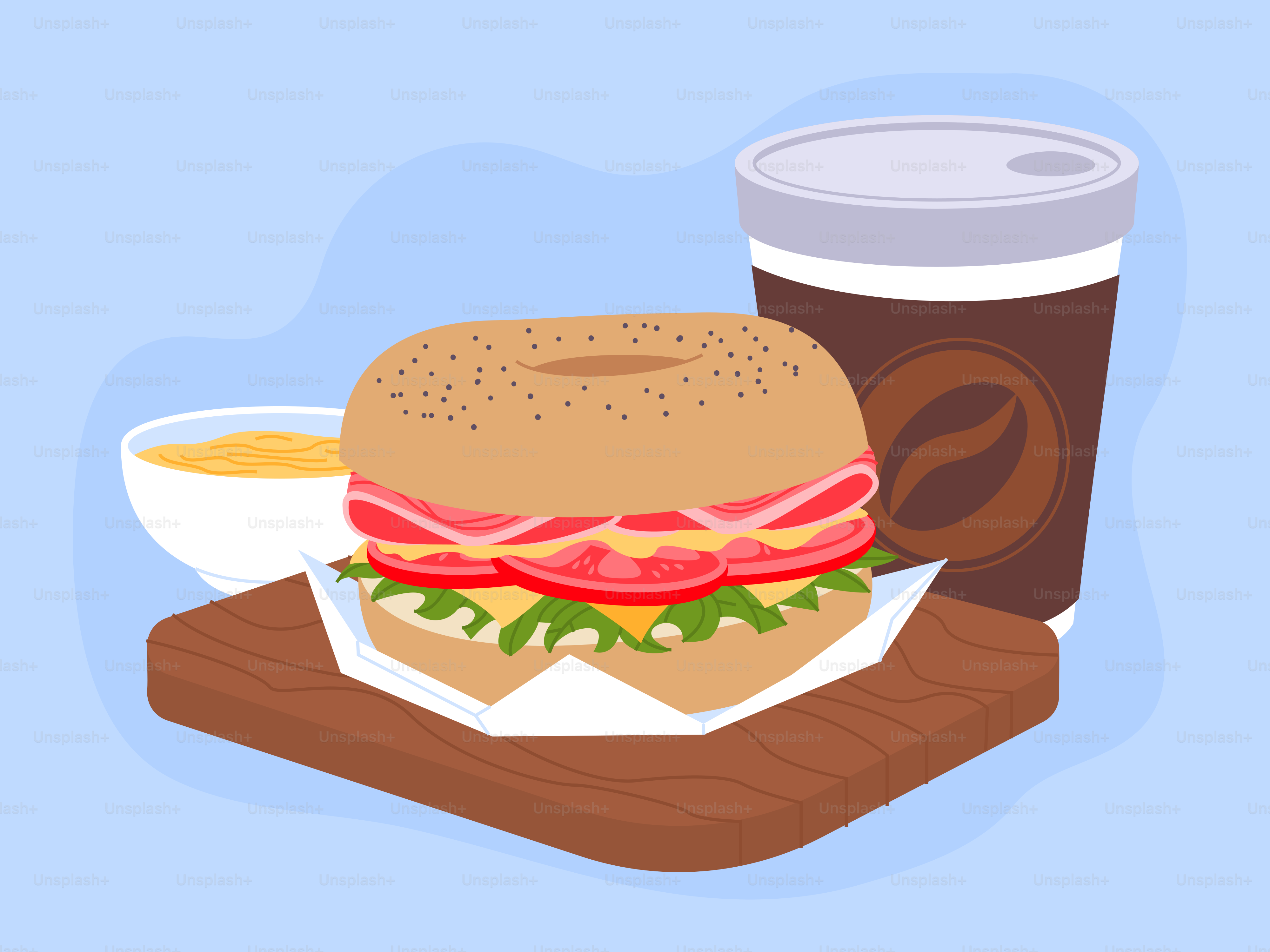 Bagel-Sandwich und Kaffee auf einem Holzbrett