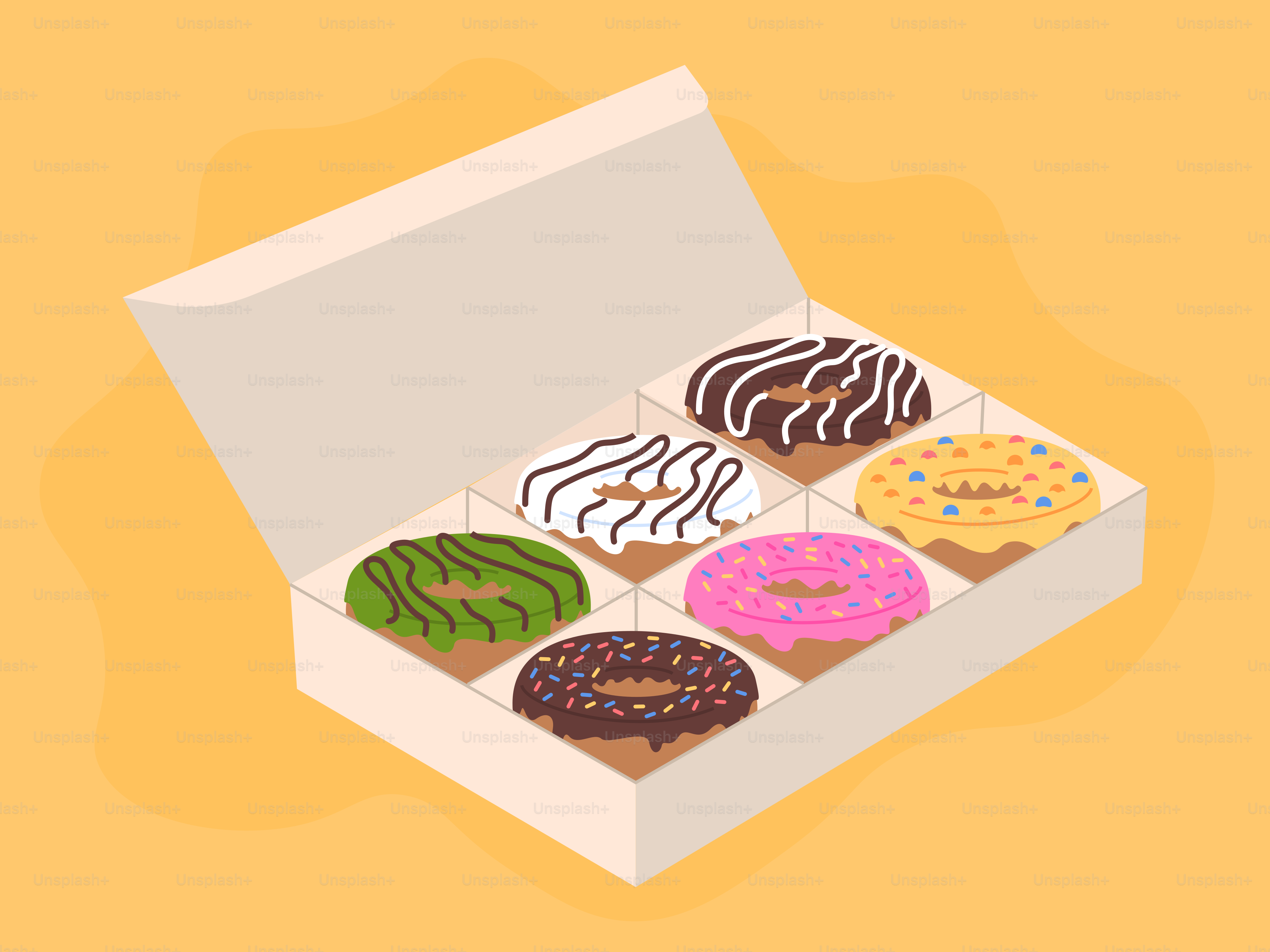 Box of assorted colorful donuts on a yellow background