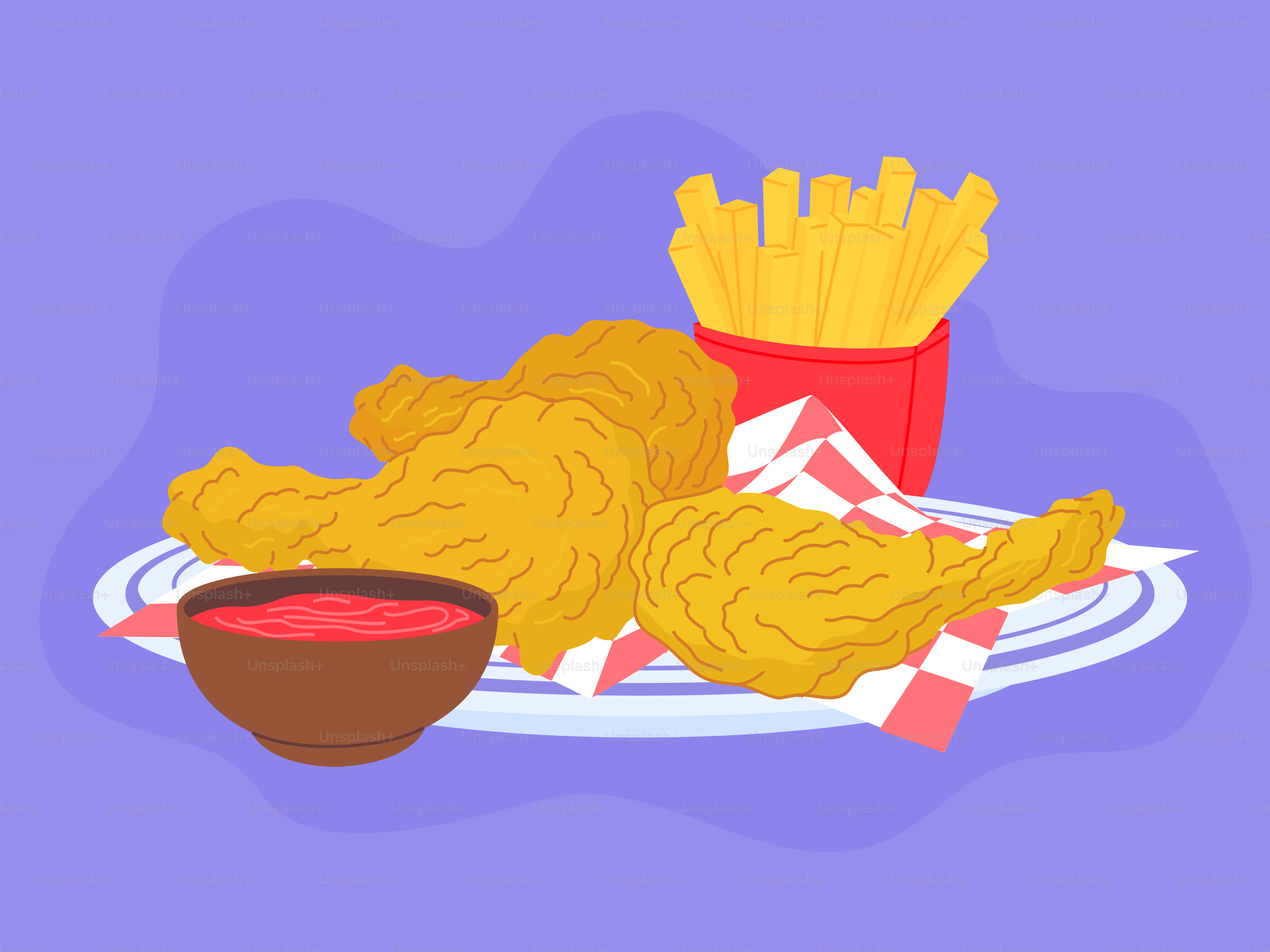 Fried chicken with french fries and dipping sauce