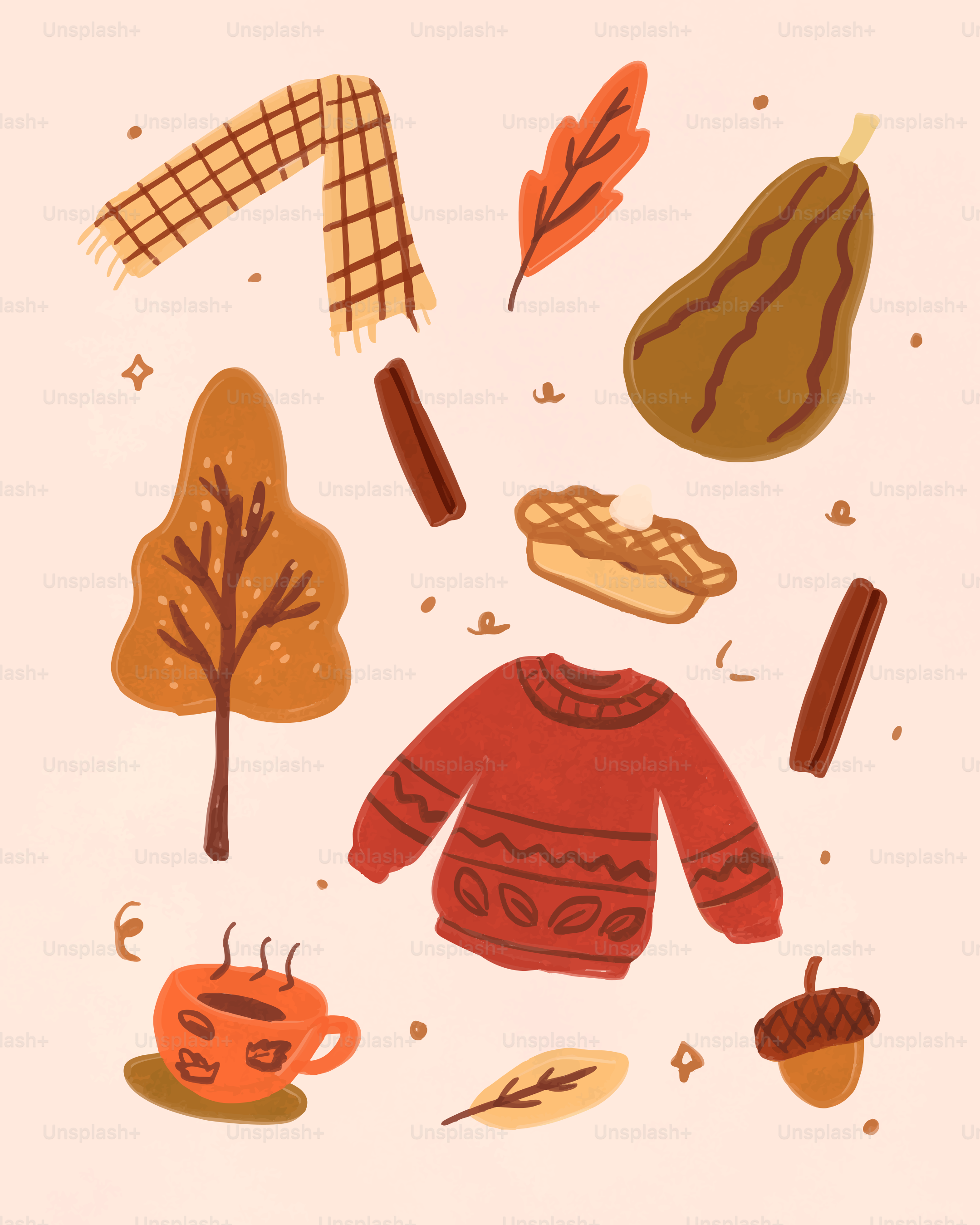 Illustration sur le thème de l’automne avec des objets douillets et des friandises.