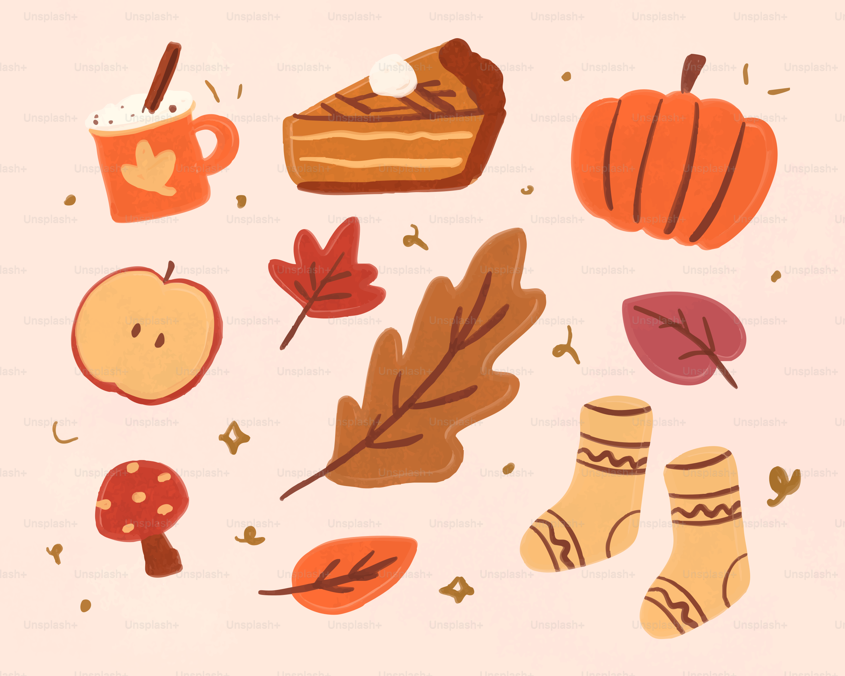 Herbstliche Illustration mit Kürbissen, Blättern und mehr.