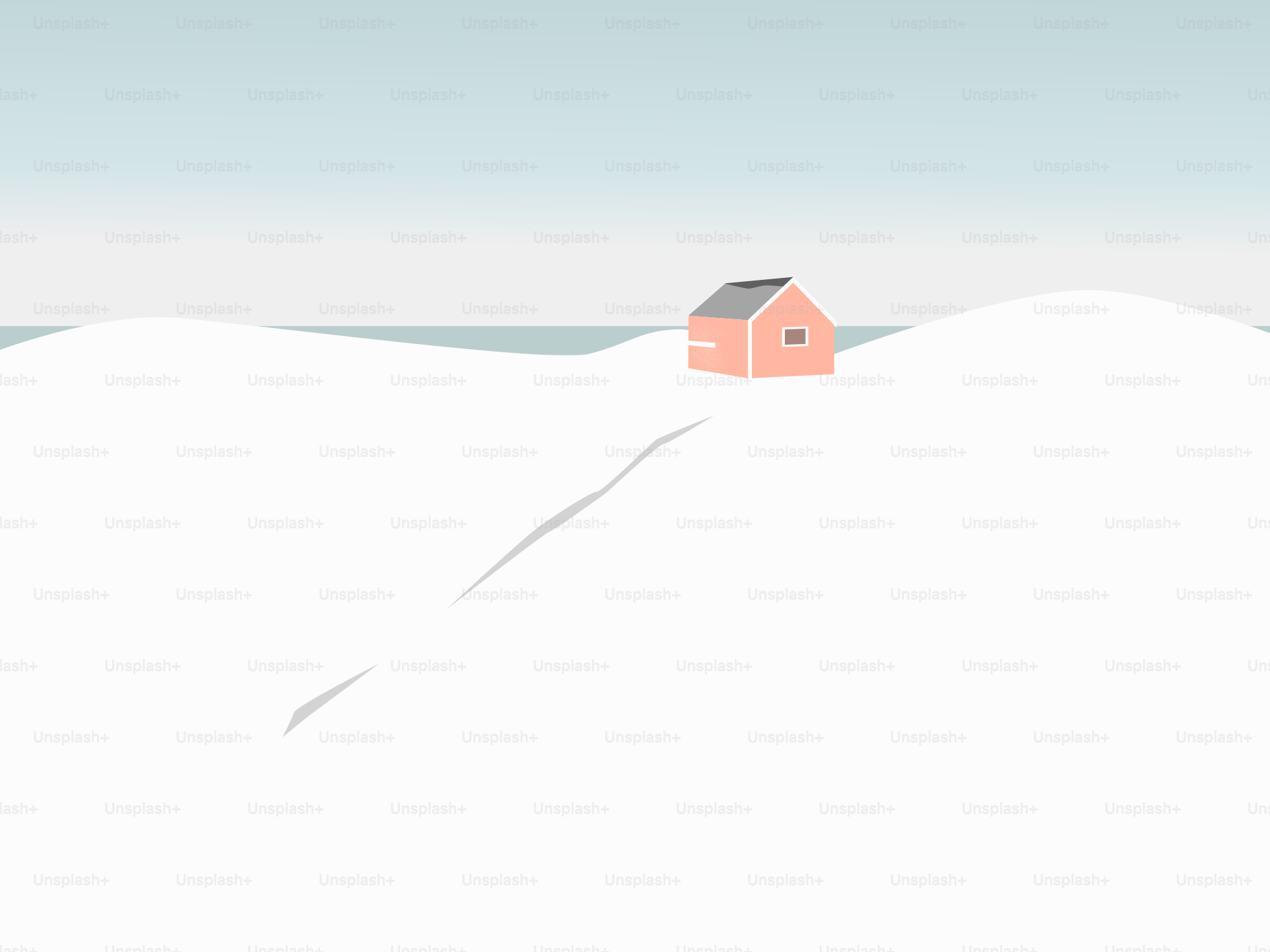 A lone pink house sits in a snowy landscape.