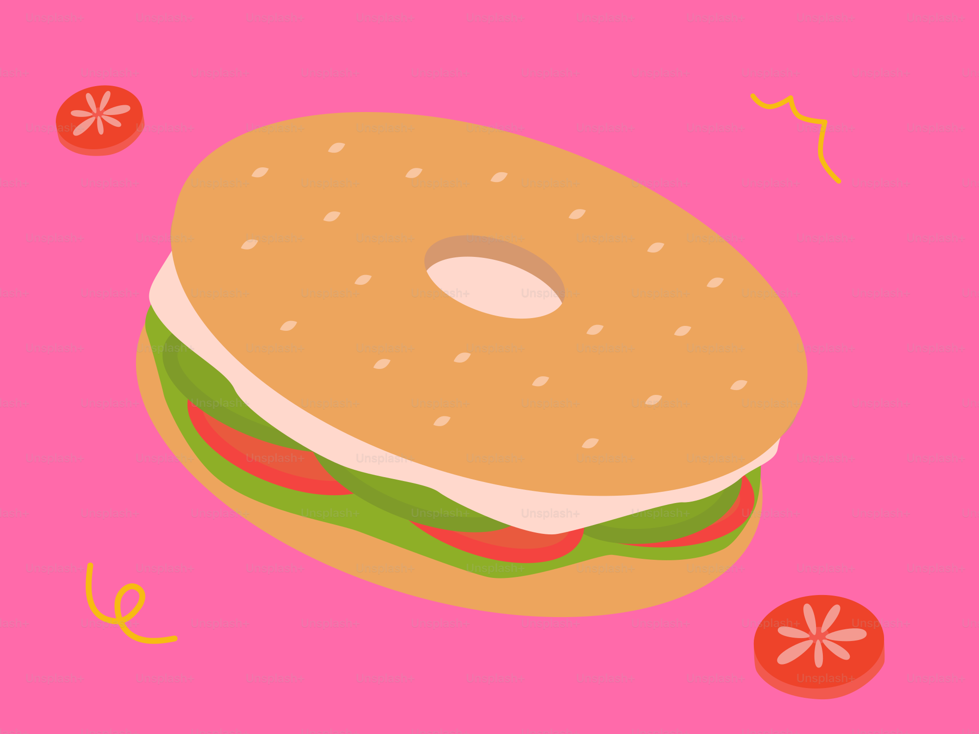 Un bagel savoureux avec des tomates sur fond rose.