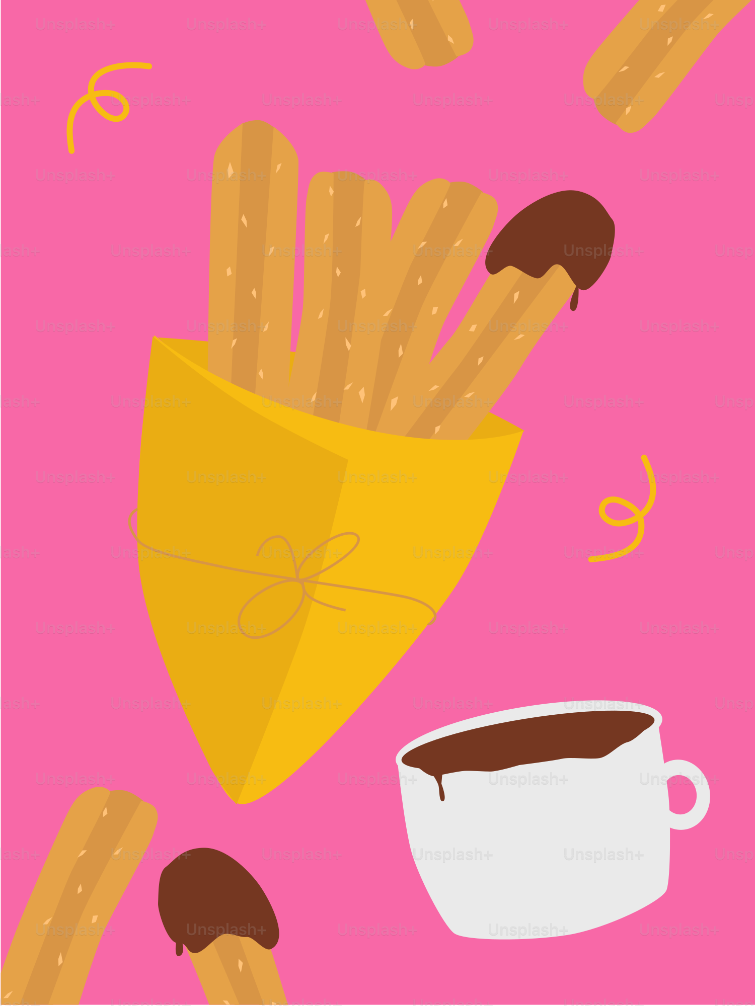 Churros with chocolate sauce in a pink background.