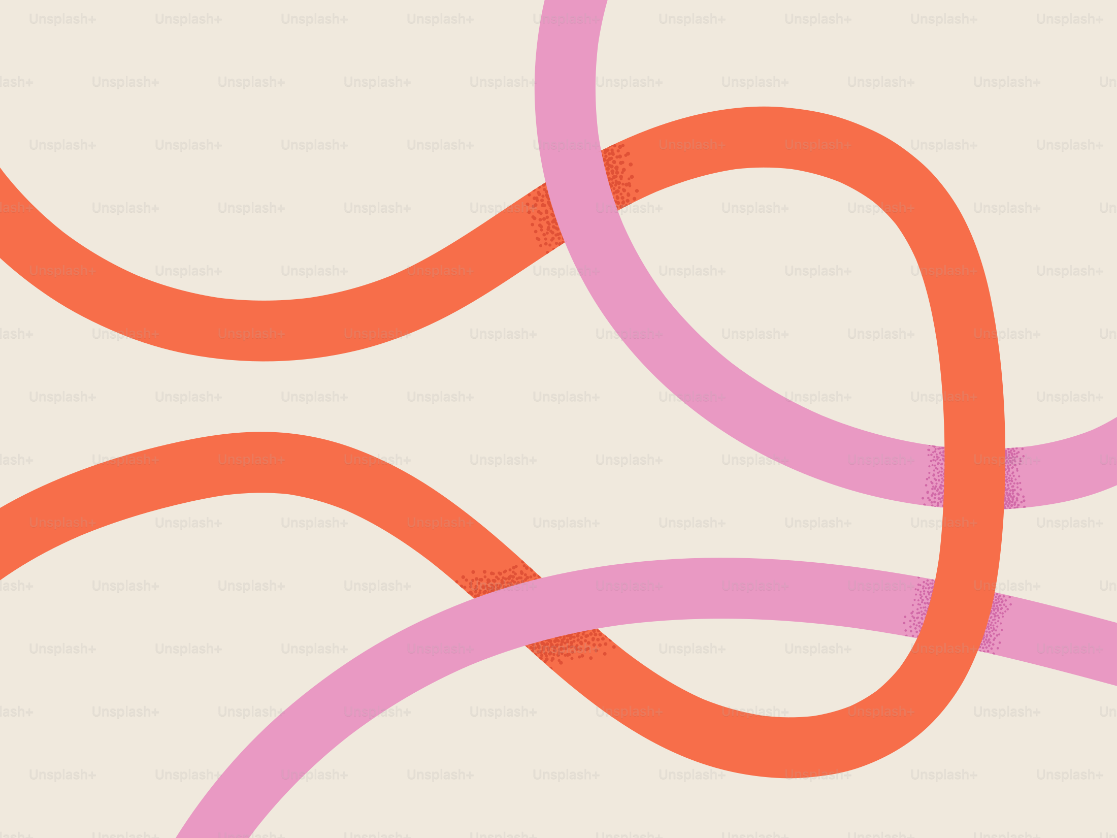 Abstraktes Design mit ineinander verschlungenen orangen und rosa Linien.