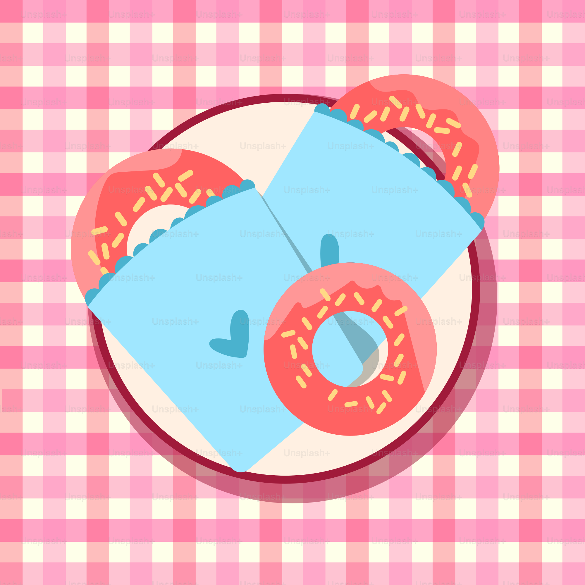 Two donuts sit on a plate with blue paper.