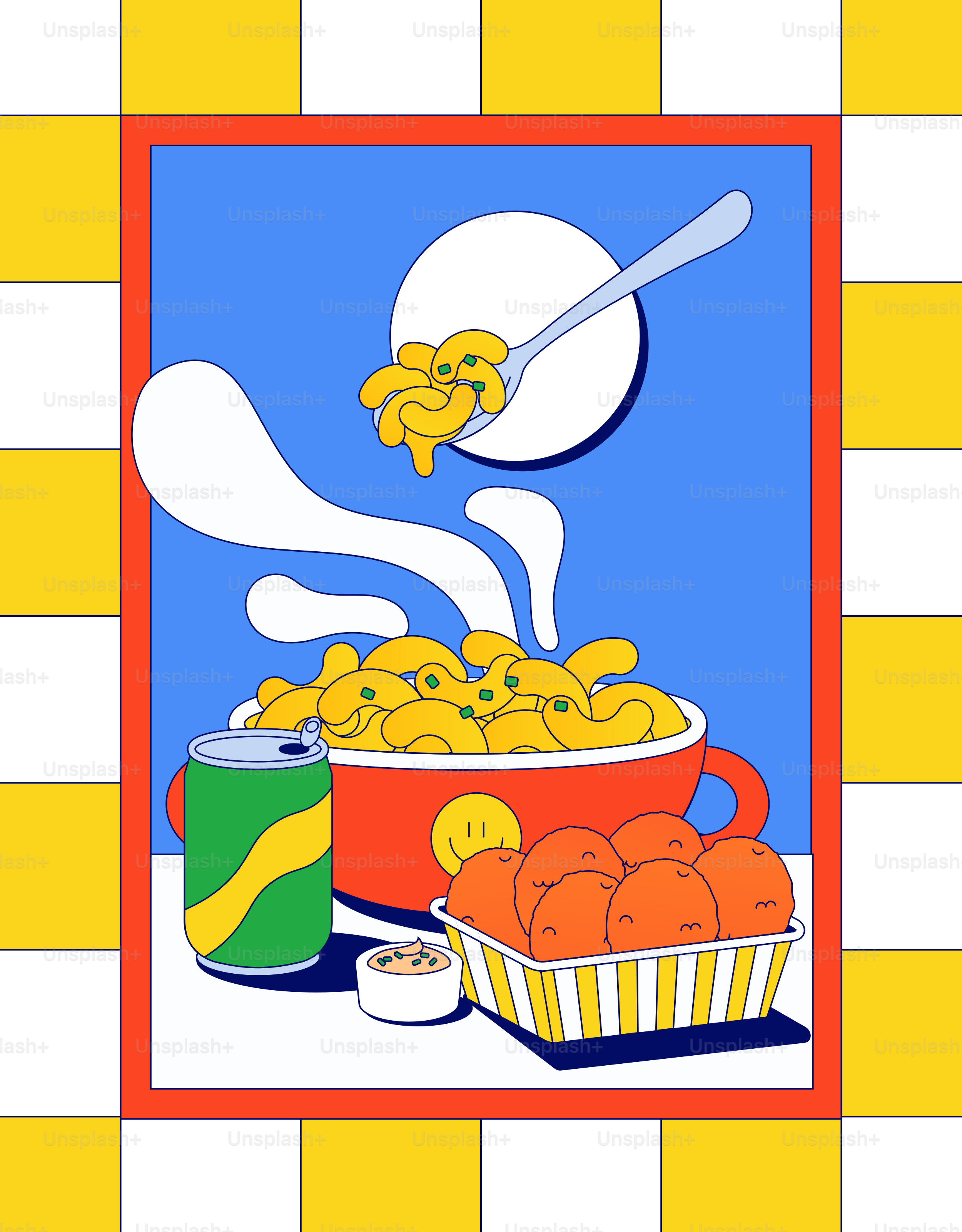 Mac and cheese, oranges, and soda are in the image.