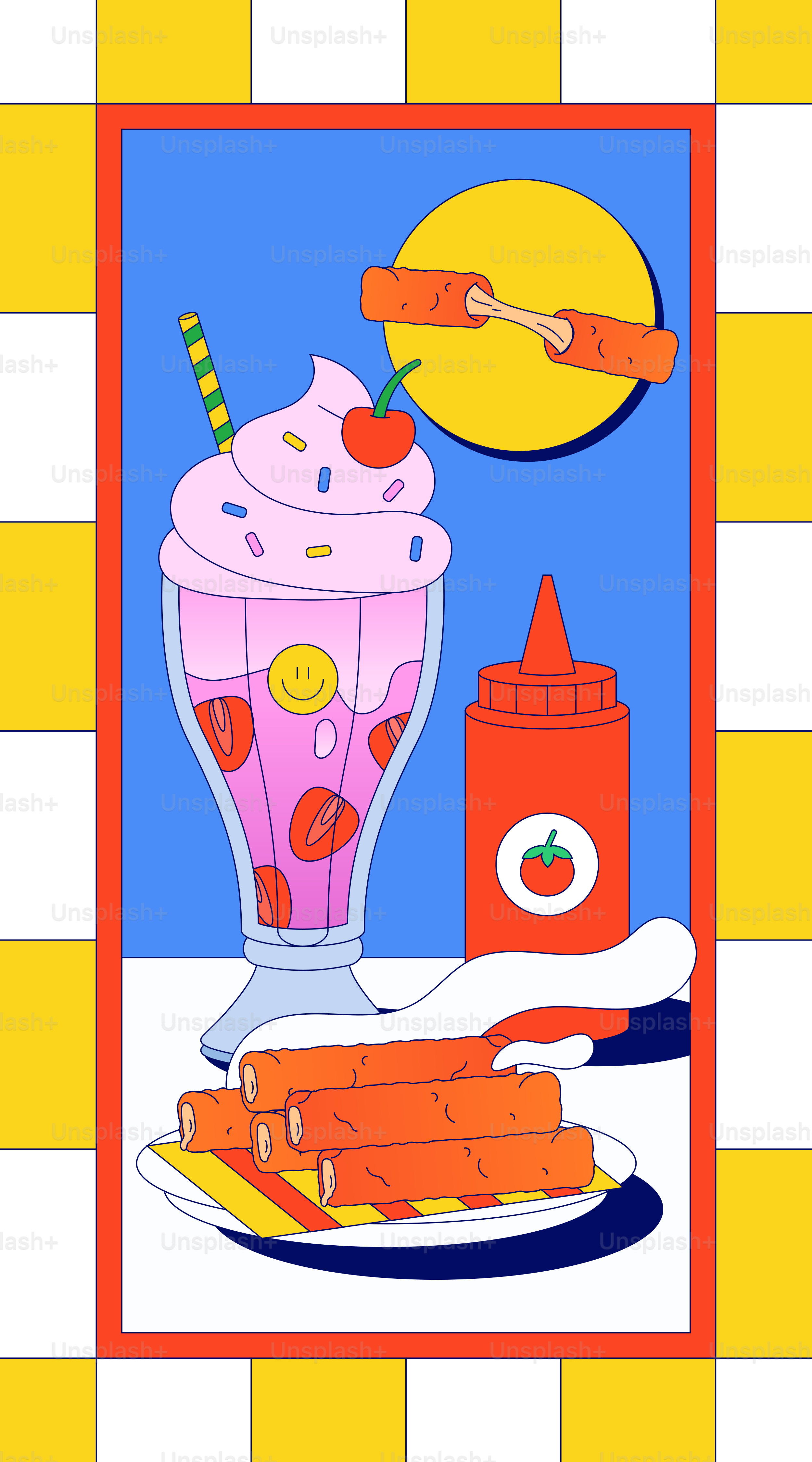 A milkshake, corn dogs, and ketchup are depicted.