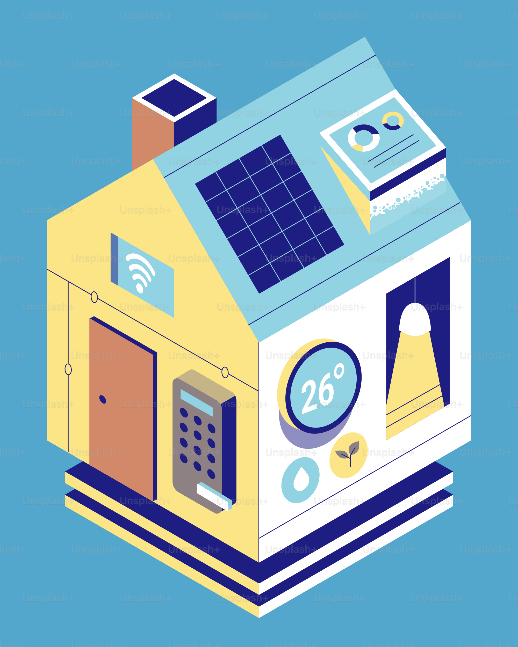 Isometric smart home with solar panels and digital controls
