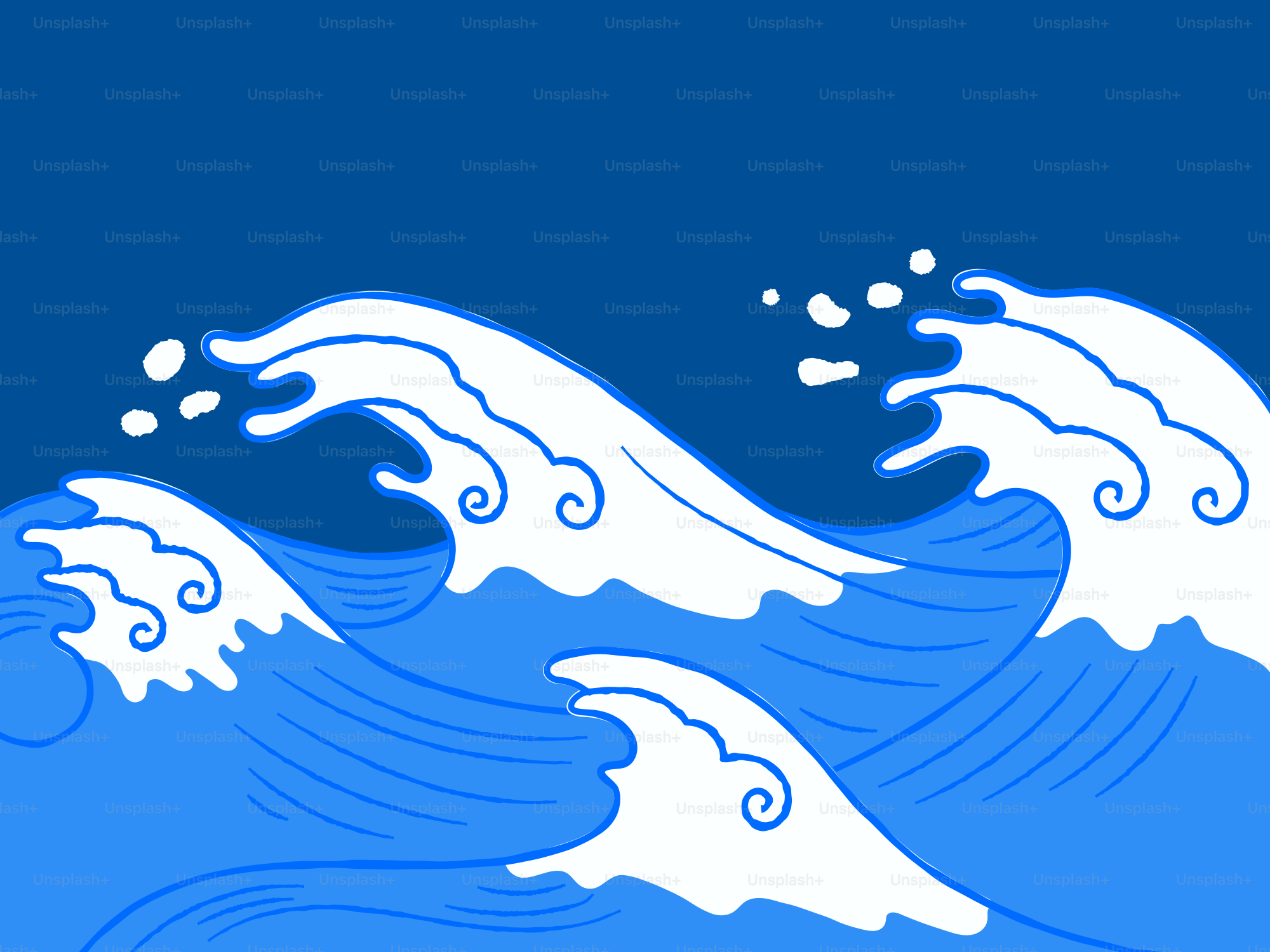 Waves are crashing in the blue ocean.