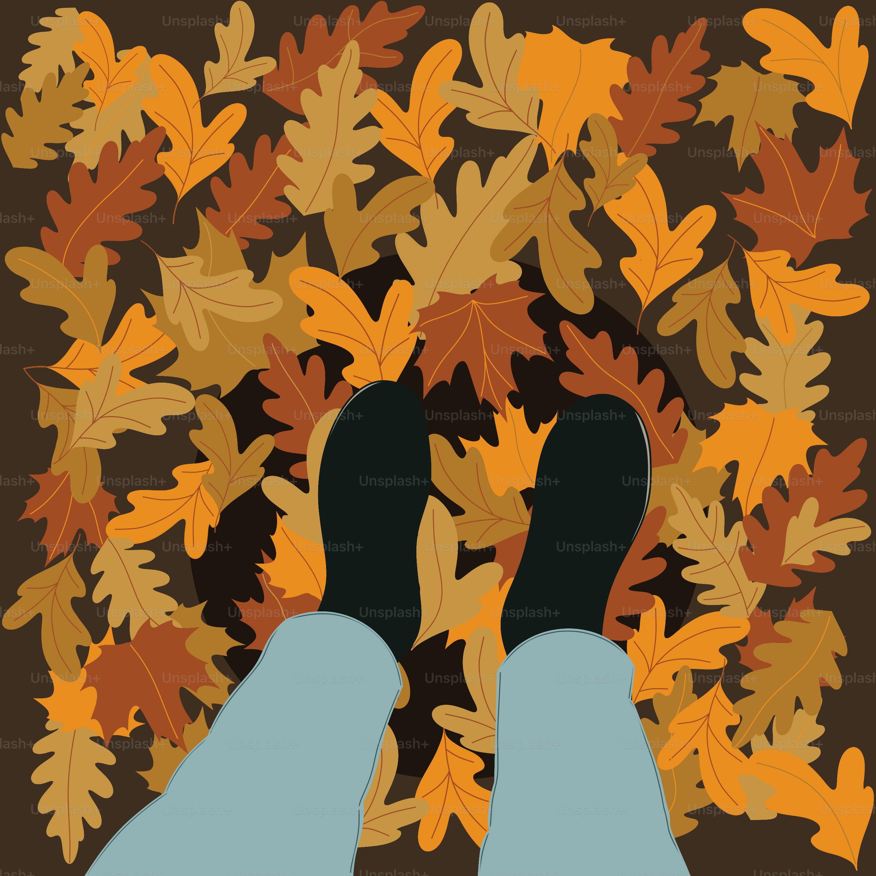 Feet are surrounded by colorful autumn leaves.