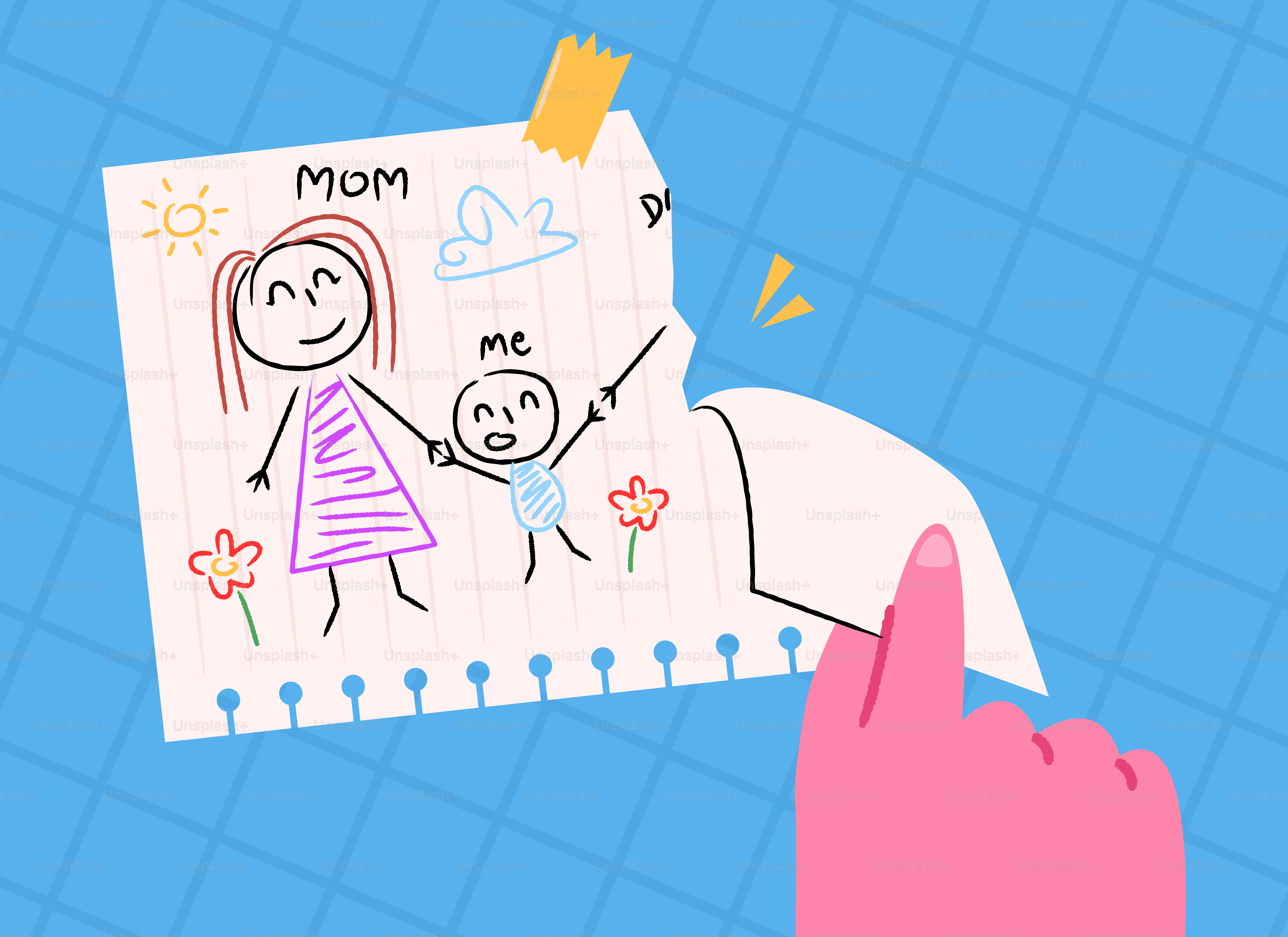 분홍색 손으로 찢어진 엄마와 아이의 그림.