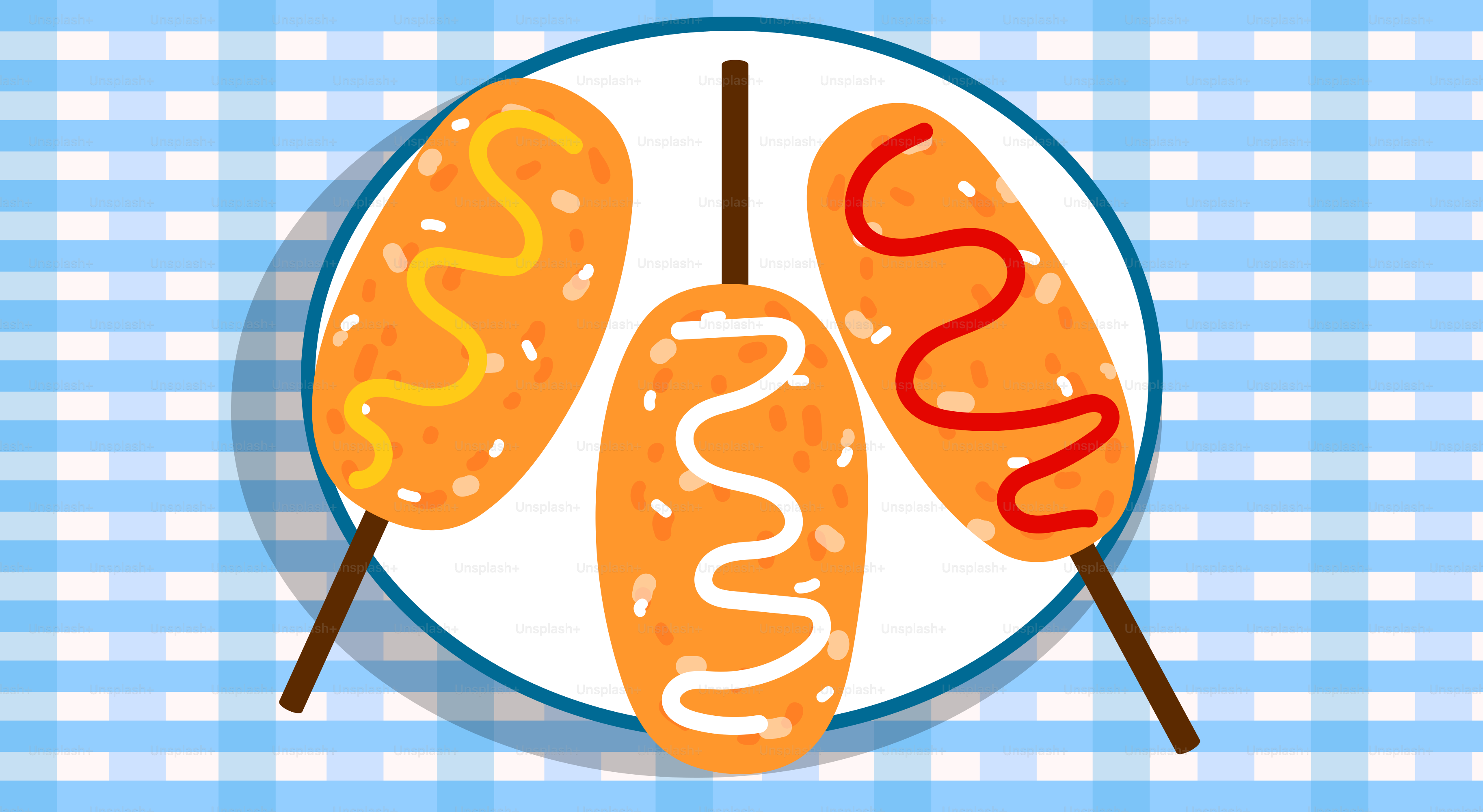 Drei Corn Dogs auf einem Teller mit Belag.