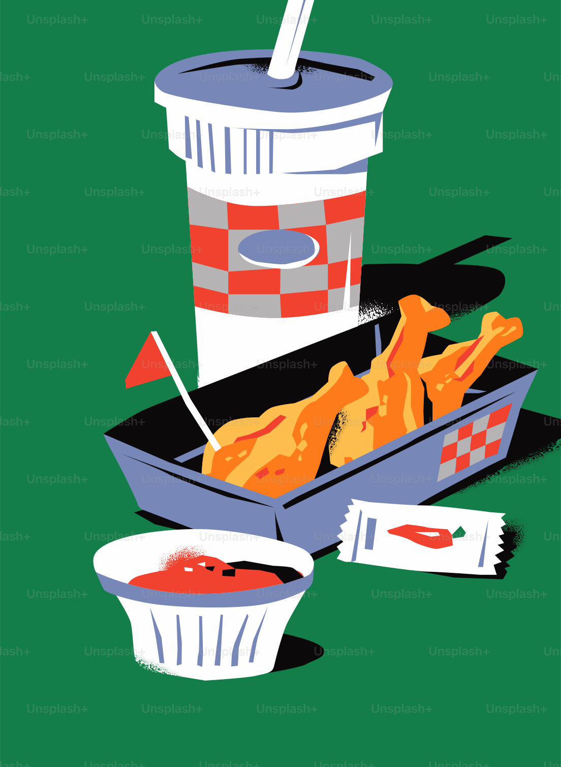 Fried chicken with dipping sauce and soda