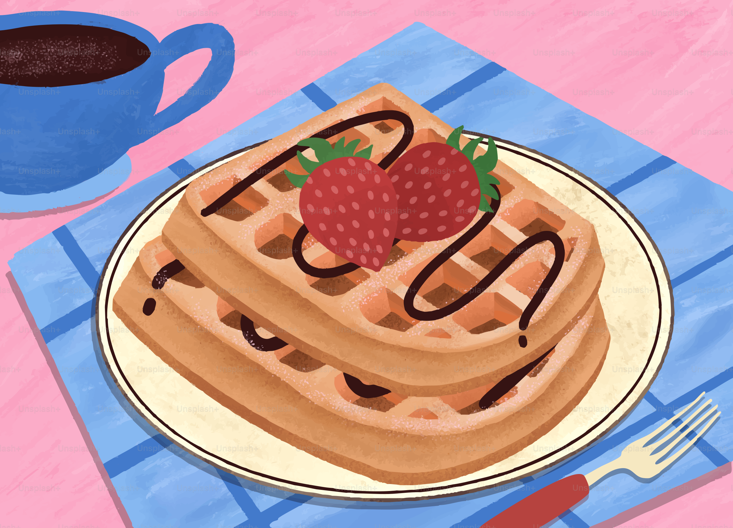 Deux gaufres empilées avec fraises et sauce au chocolat. vectoriel – Image  de Nourriture sur Unsplash, image size:3000x2160