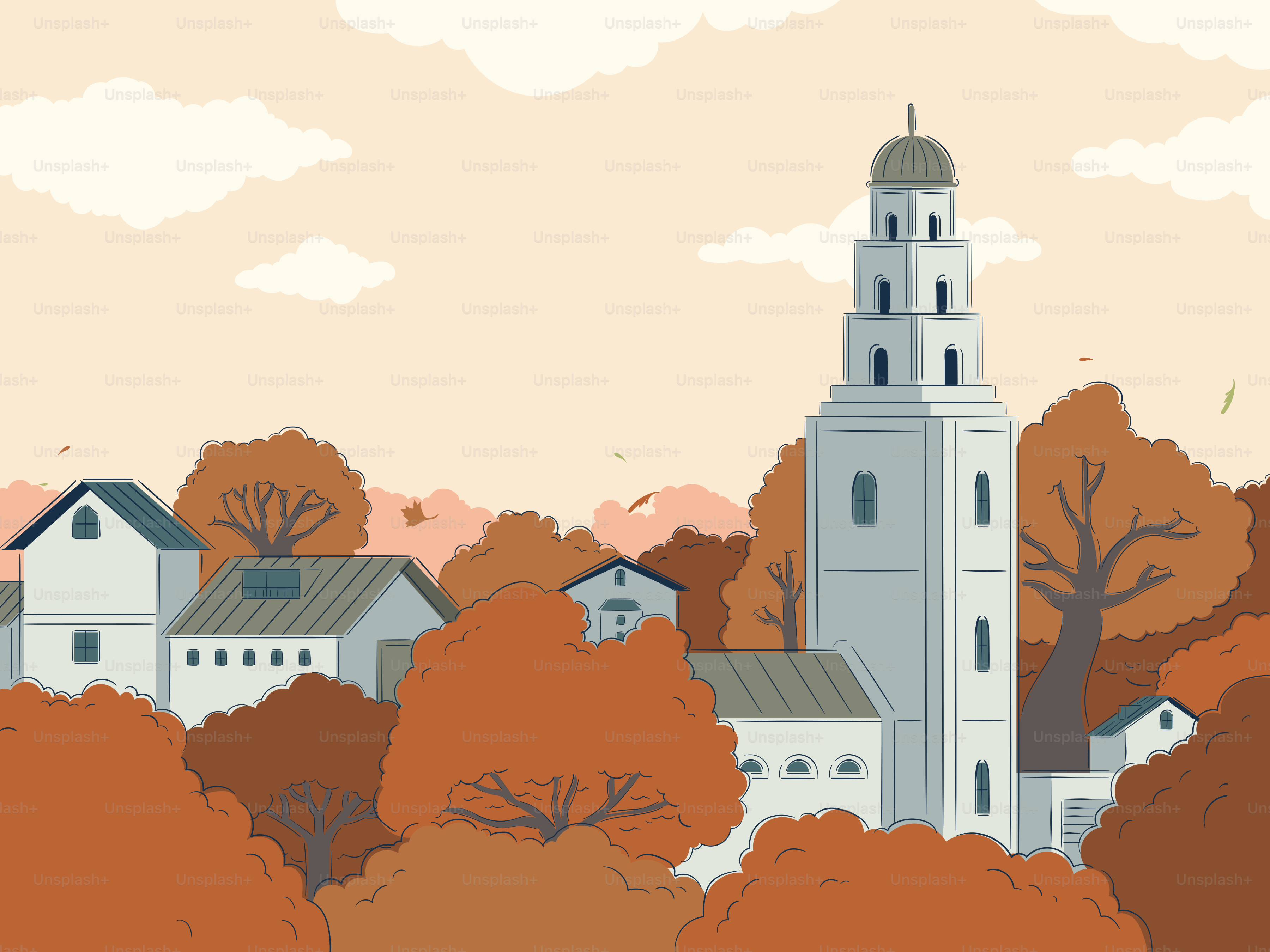 A tower and houses amidst brown trees.