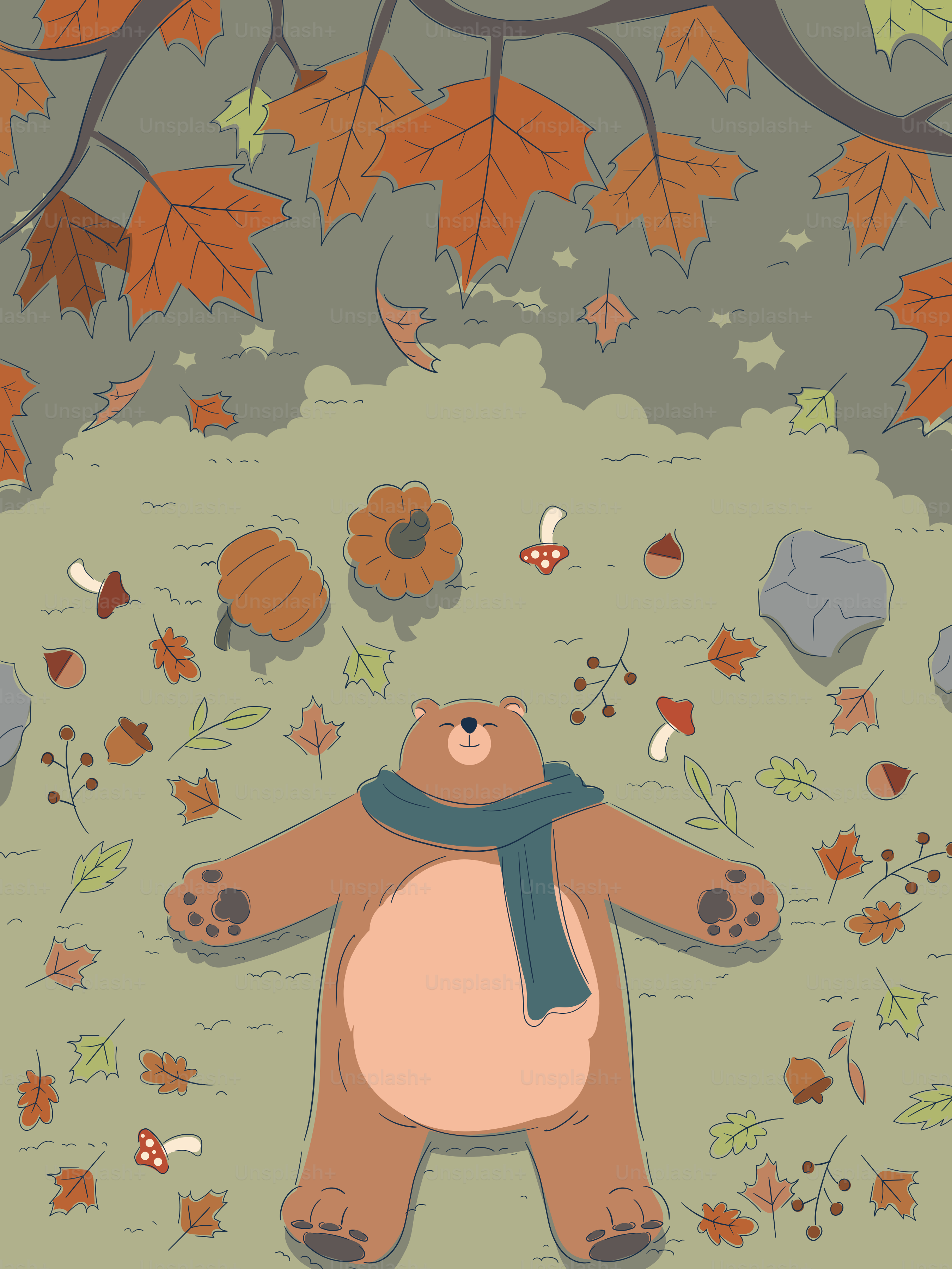 Un oso feliz se tumba en las hojas otoñales y disfruta de ello.