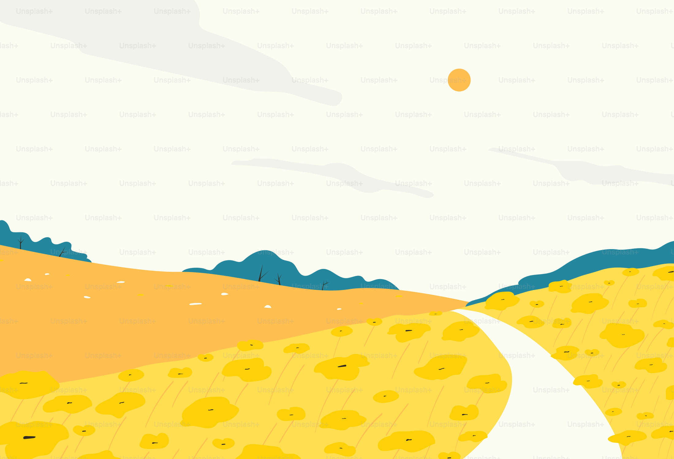 A winding path through a yellow field under a sunny sky