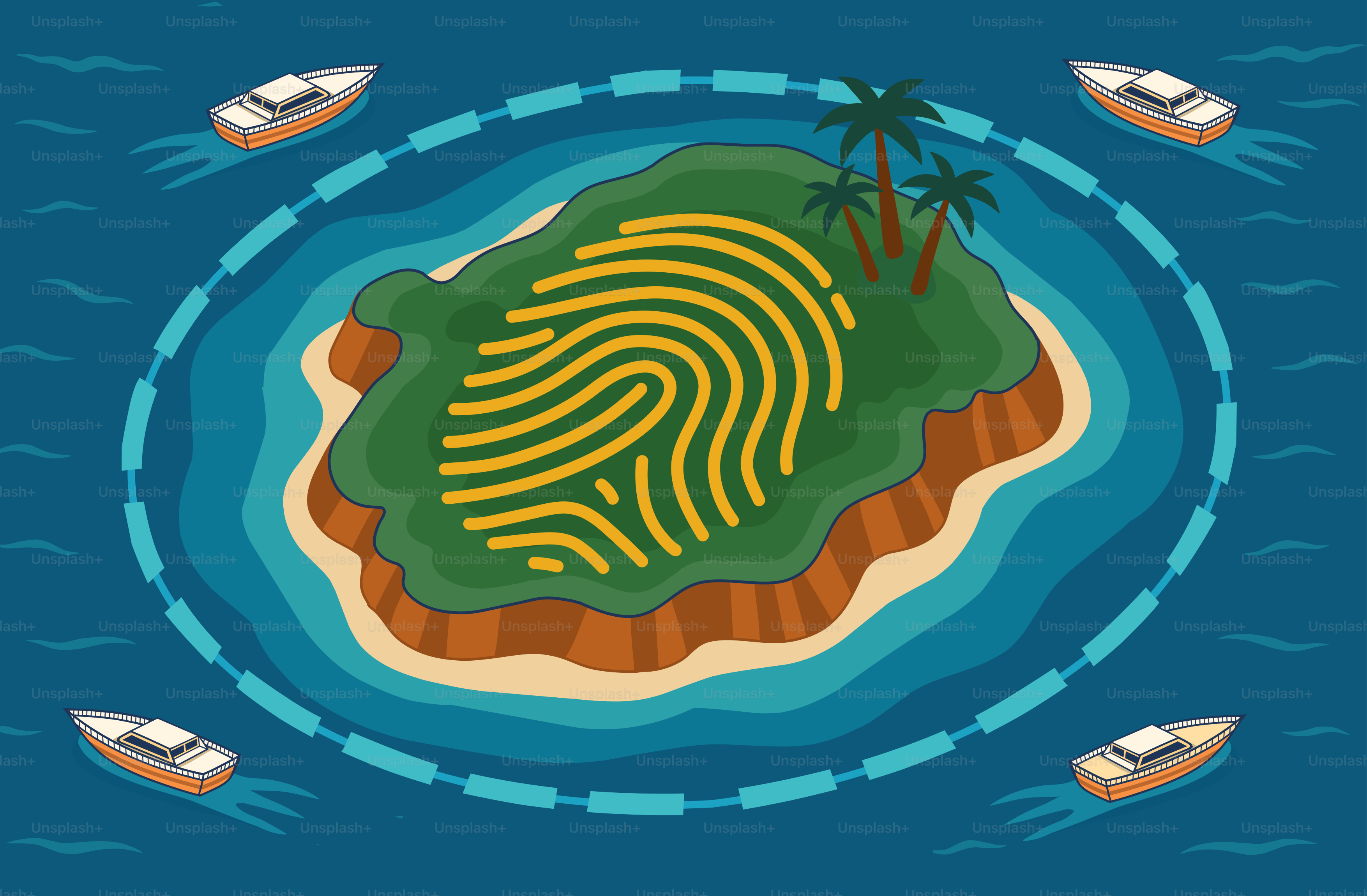 Fingerprint island is surrounded by boats at sea.