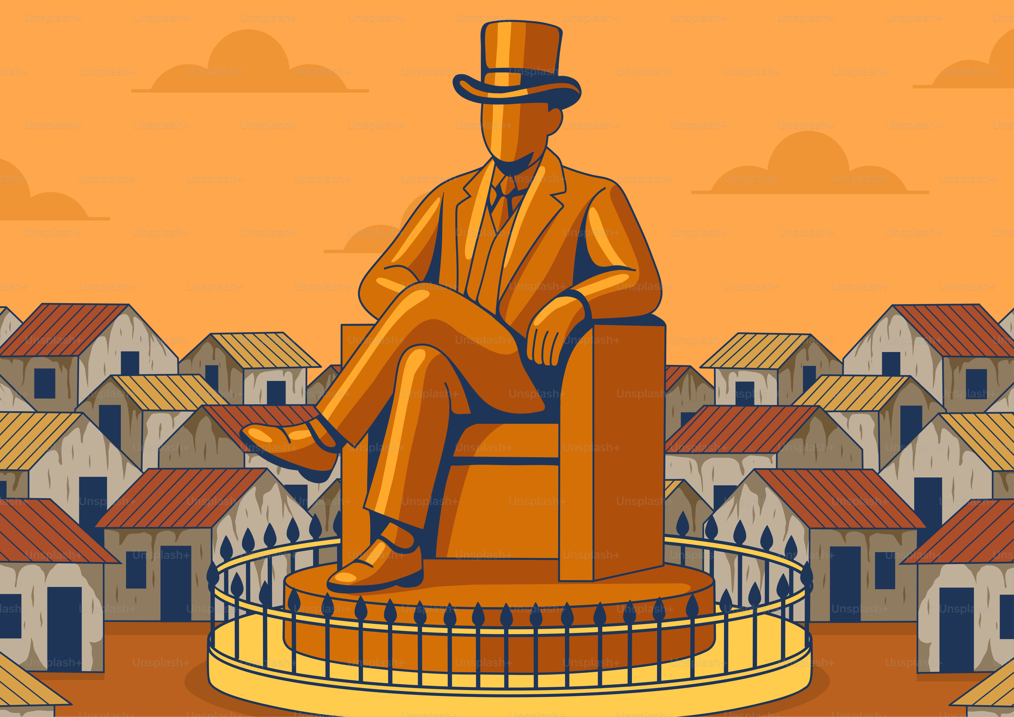 A statue of a man sits above the town.