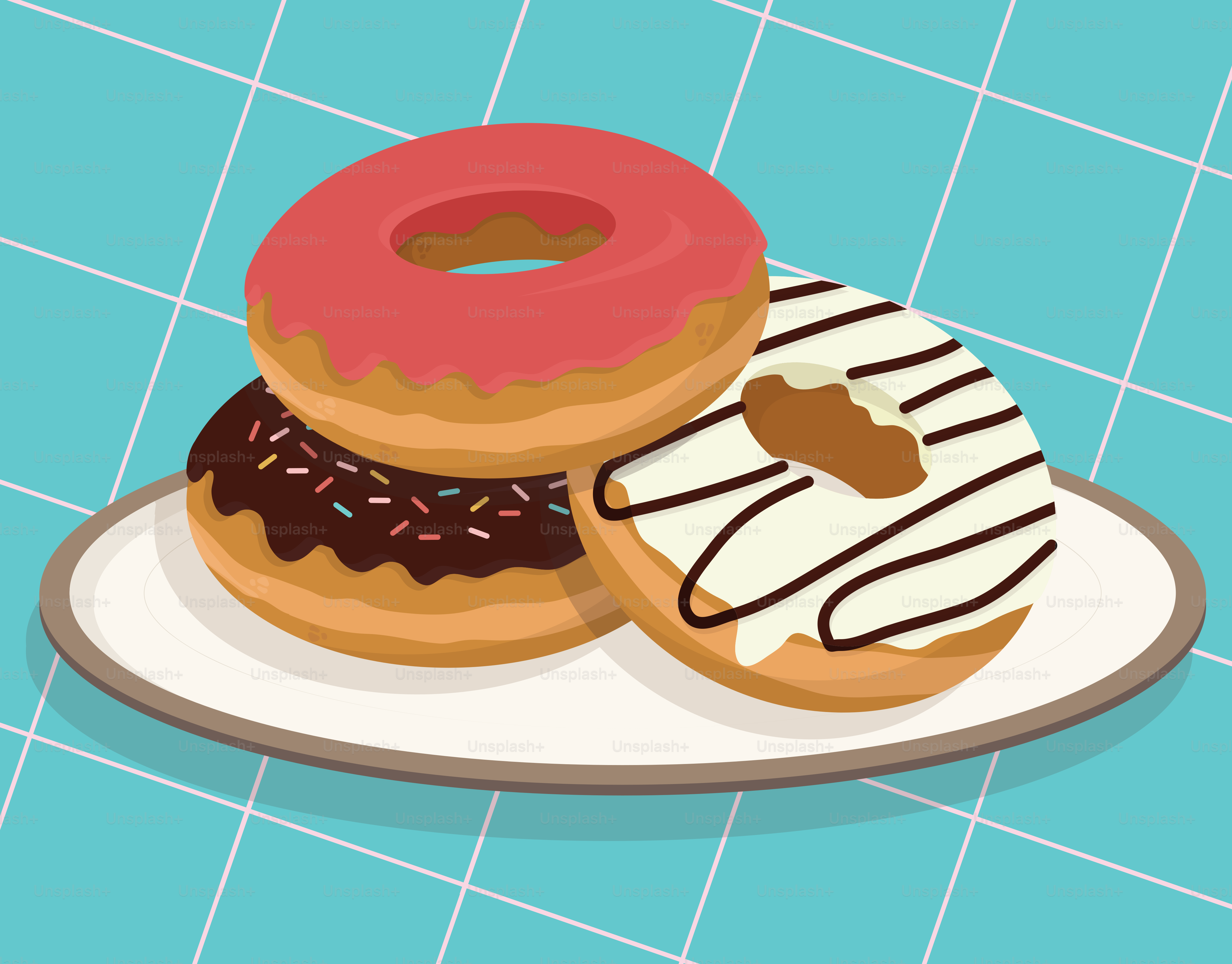 Three decorated donuts on a white plate.