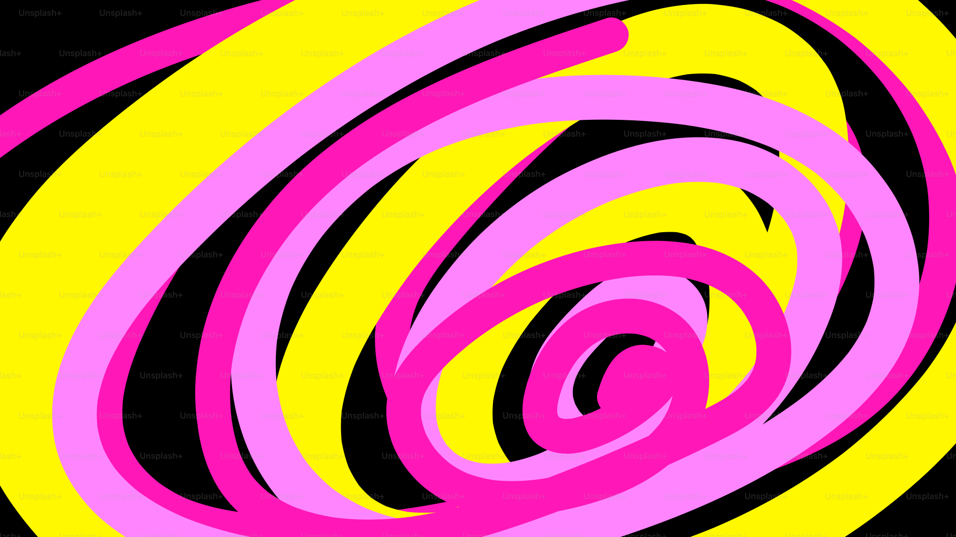 Swirling yellow and pink concentric rings on black.
